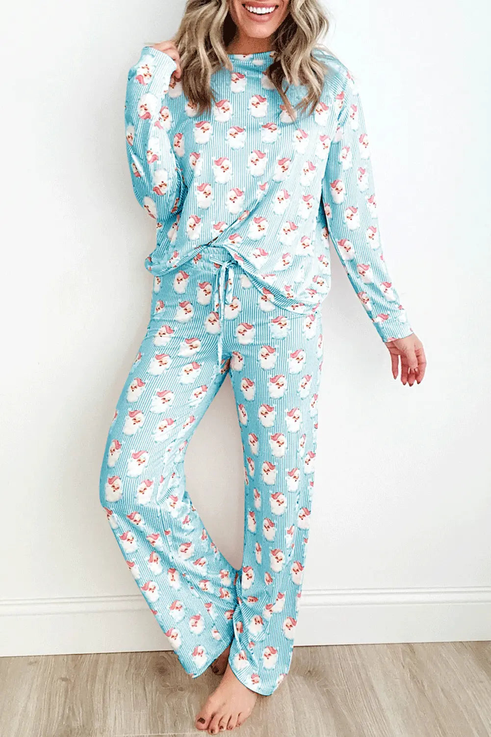 Sky Blue Santa Claus Striped Print Loose Fit Two Piece Lounge Set Dear-Lover Dropshipping