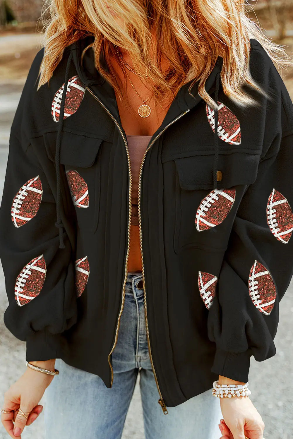 Black Sequined Rugby Football Pattern Pocketed Zipper Hooded Jacket Dear-Lover Dropshipping