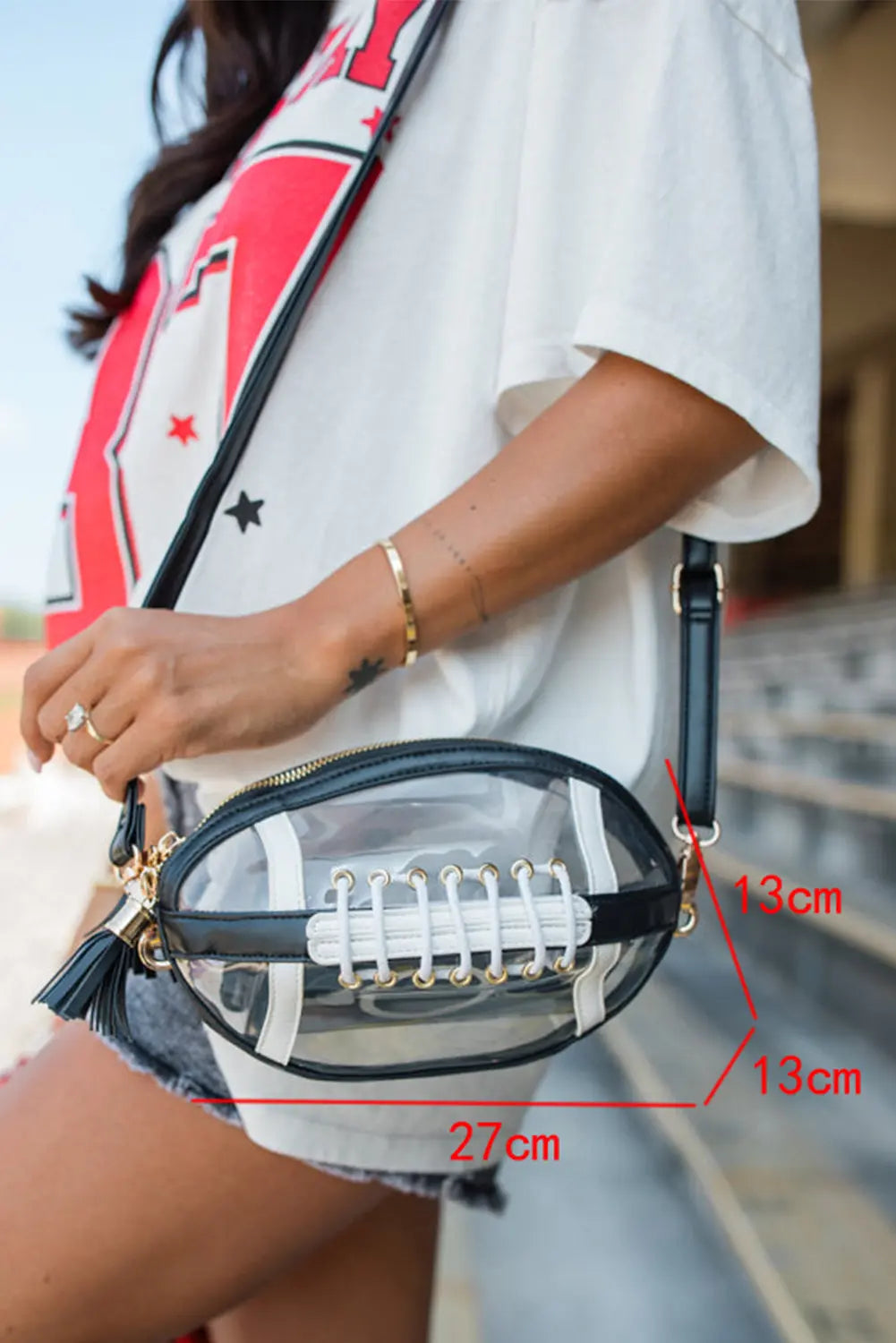 Black Rugby Football Contrast Trim Fringe PVC Clear Shoulder Bag Dear-Lover Dropshipping