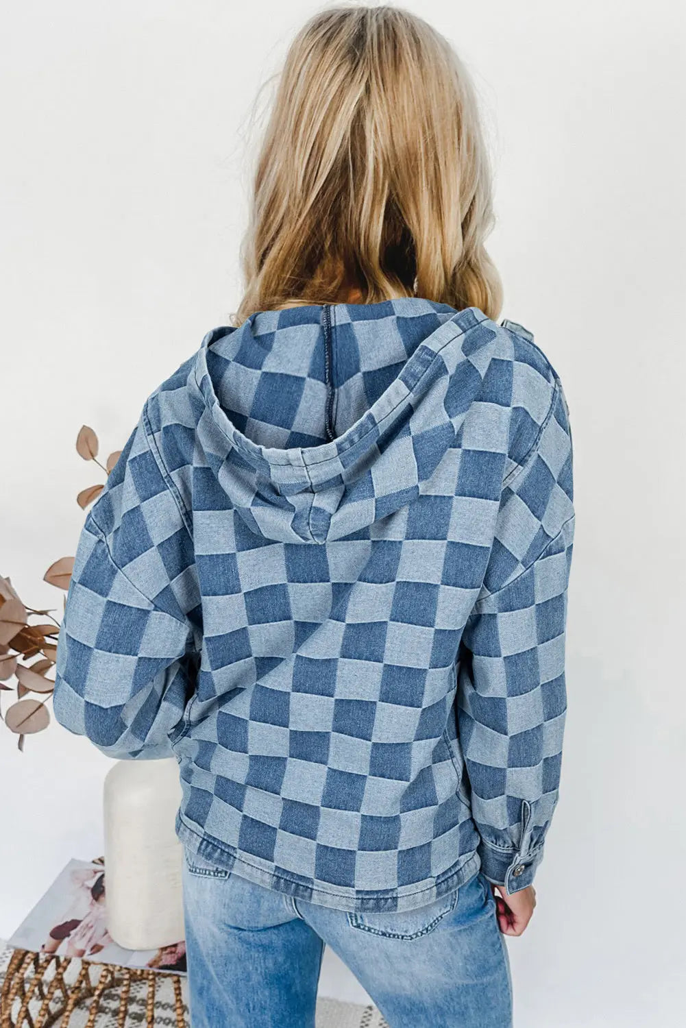 Sky Blue Checkerboard Zipped Neck Kangaroo Pocket Denim Hoodie Dear-Lover Dropshipping