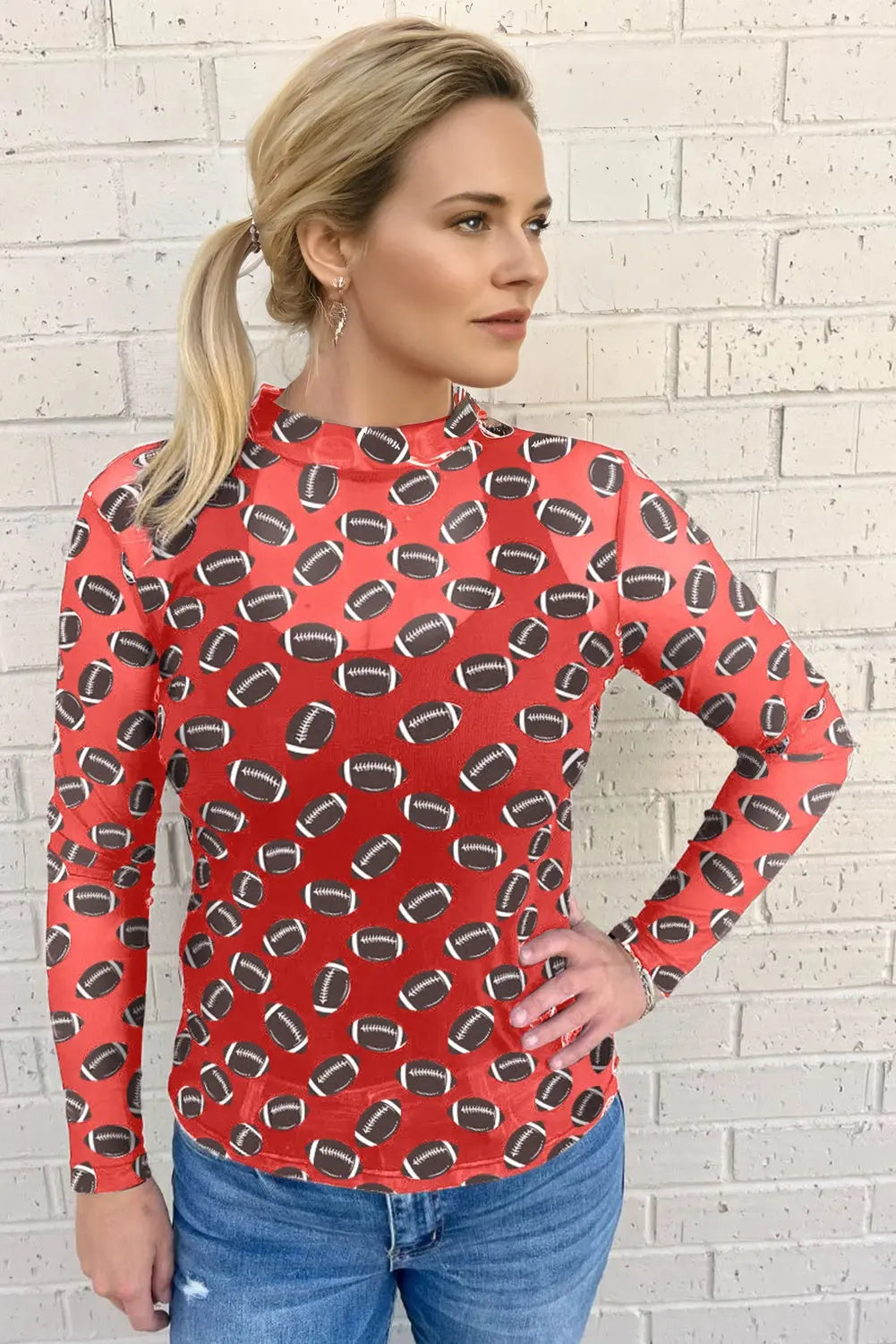 Red Game Day Rugby Mesh Sheer Long Sleeve Top Dear-Lover Dropshipping