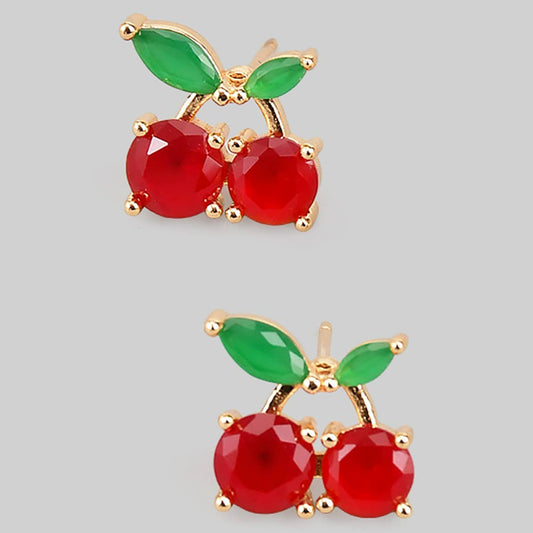 ADORABLE BRASS CHERRY STUDS WITH ZIRCON STONES