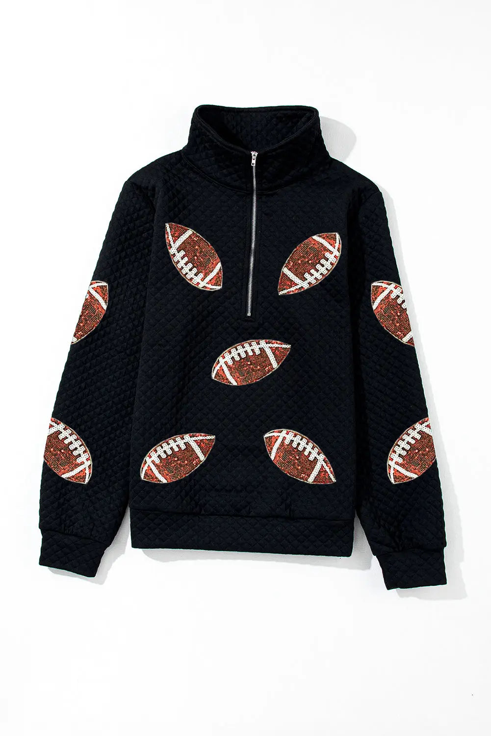 Black Sequin Rugby Football Patched Quarter Zip Textured Sweatshirt Dear-Lover Dropshipping