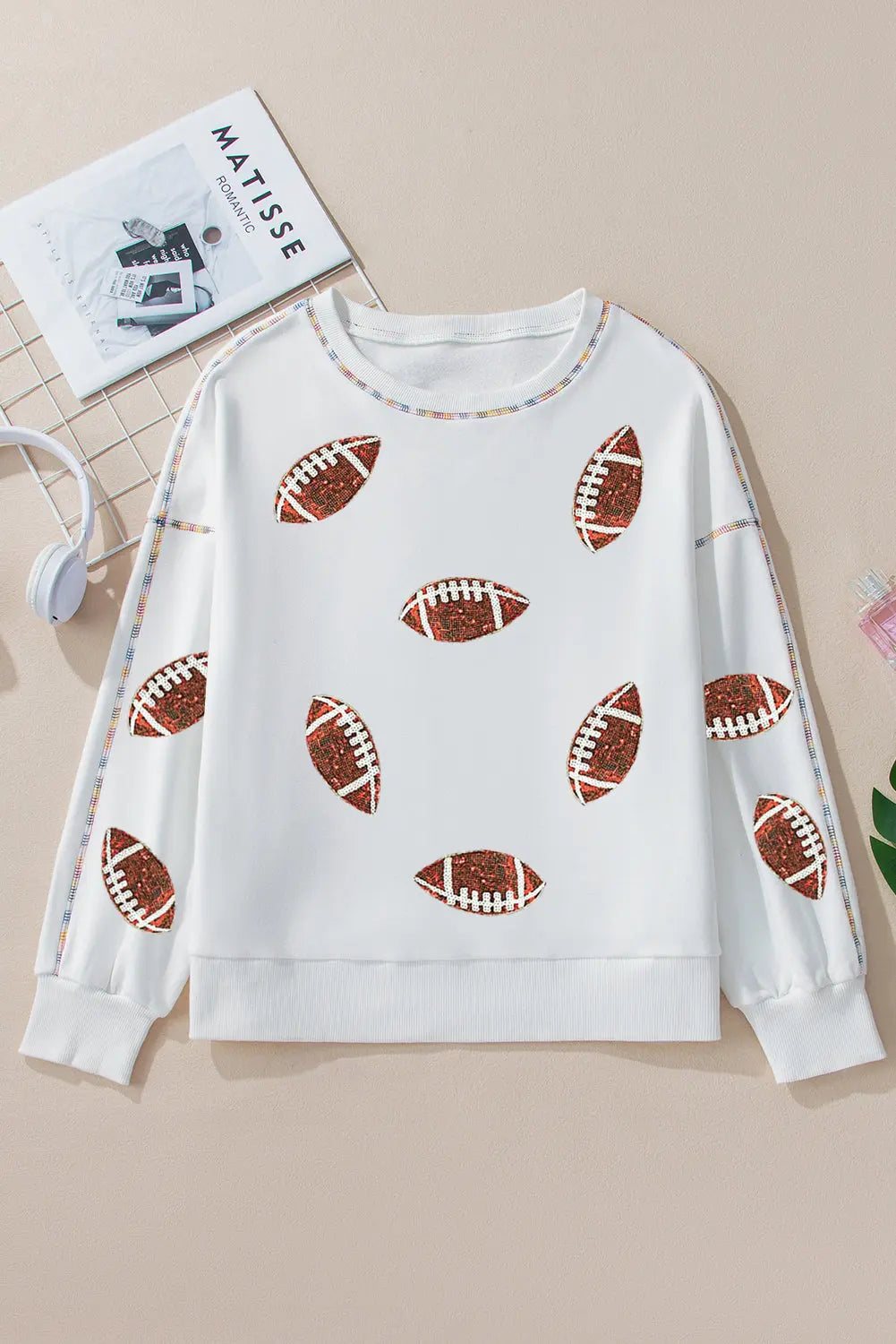 White Sequin Rugby Football Pattern Exposed Seam Game Day Sweatshirt Dear-Lover Dropshipping