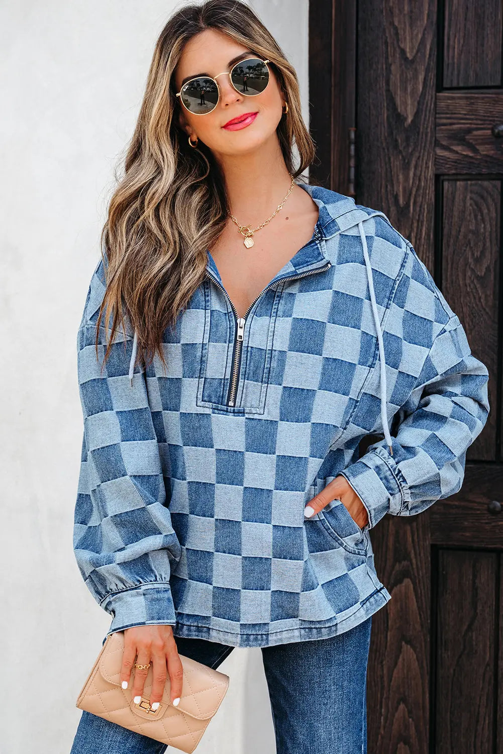 Sky Blue Checkerboard Zipped Neck Kangaroo Pocket Denim Hoodie Dear-Lover Dropshipping