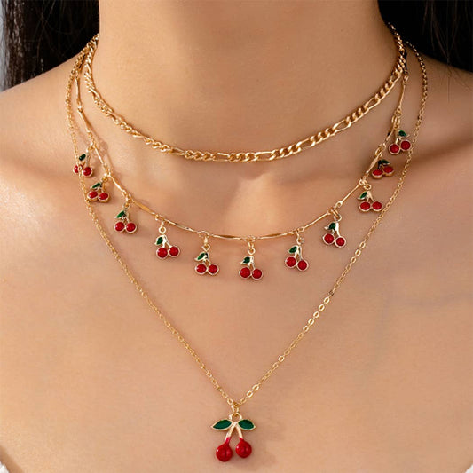 THREE PIECE LAYERED CHERRY CHARM CHAIN NECKLACE