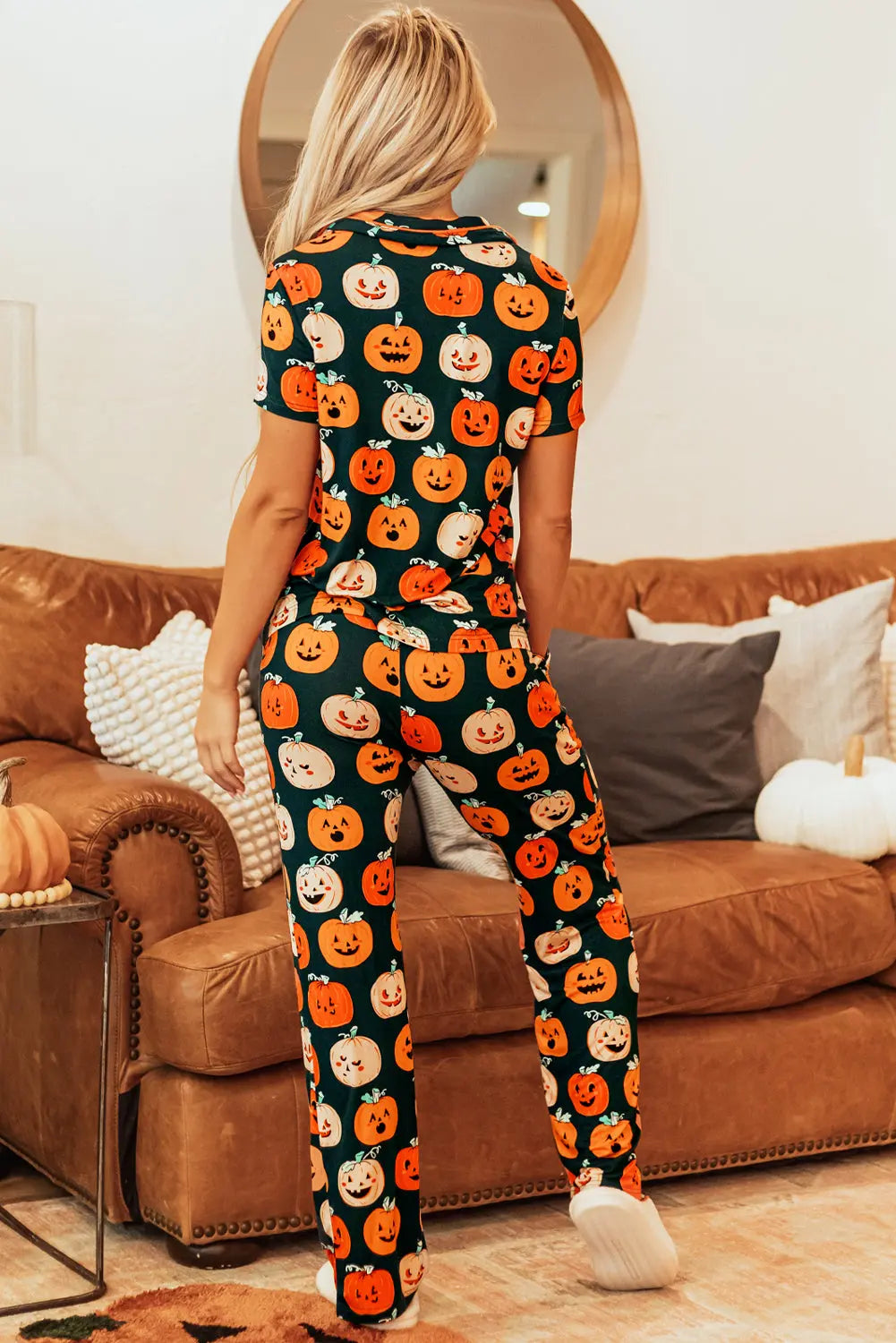 Orange Halloween Pattern Short Sleeve Shirt Pajama Set Dear-Lover Dropshipping