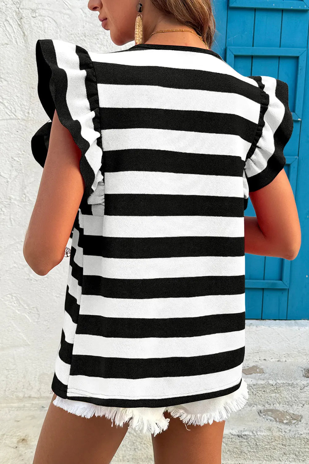Black Stripe Flutter Sleeve Round Neck T Shirt Dear-Lover Dropshipping