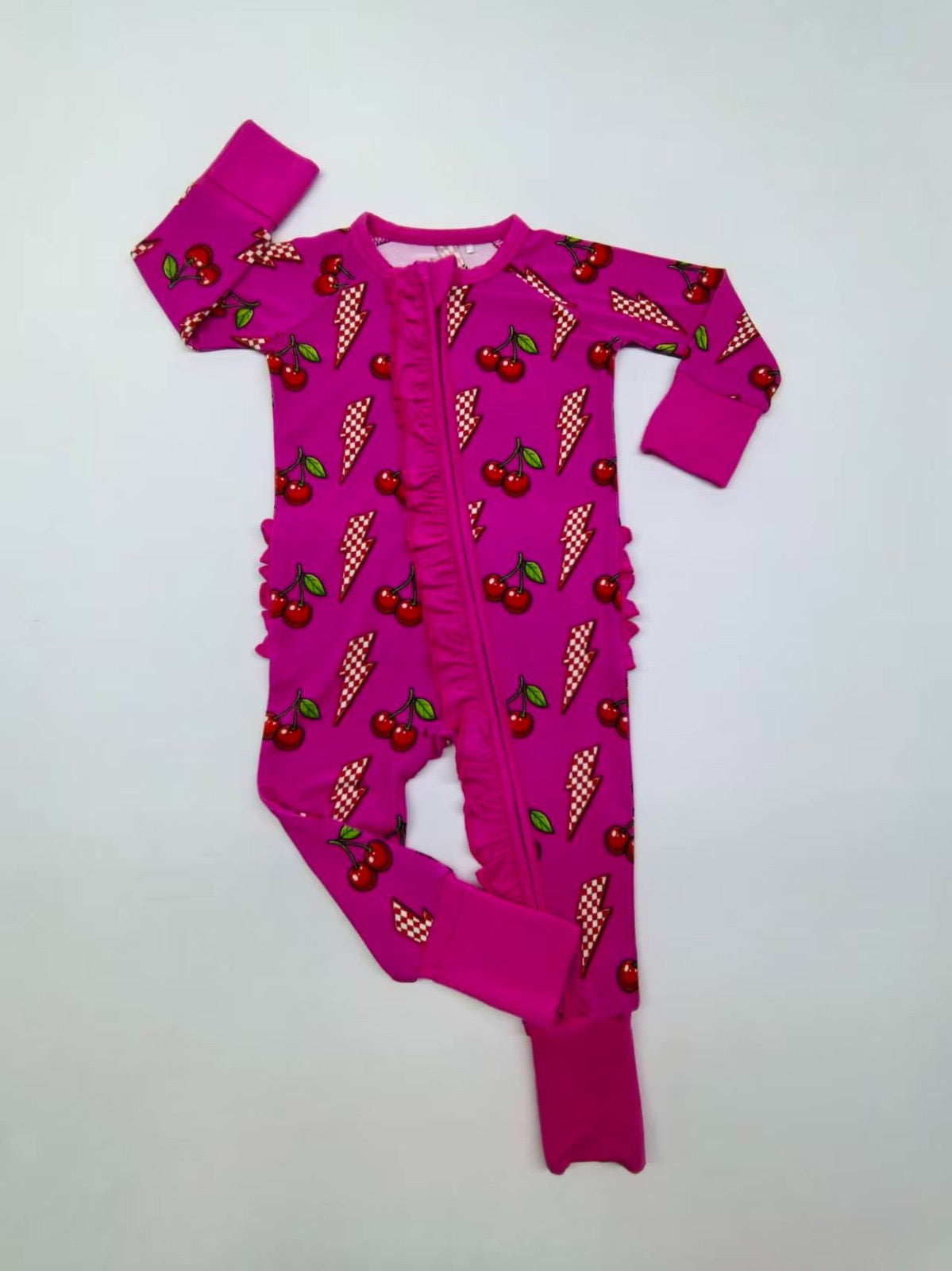 Bamboo ruffle zippy romper - Cherry Zap - WILL SHIP MAY 2026