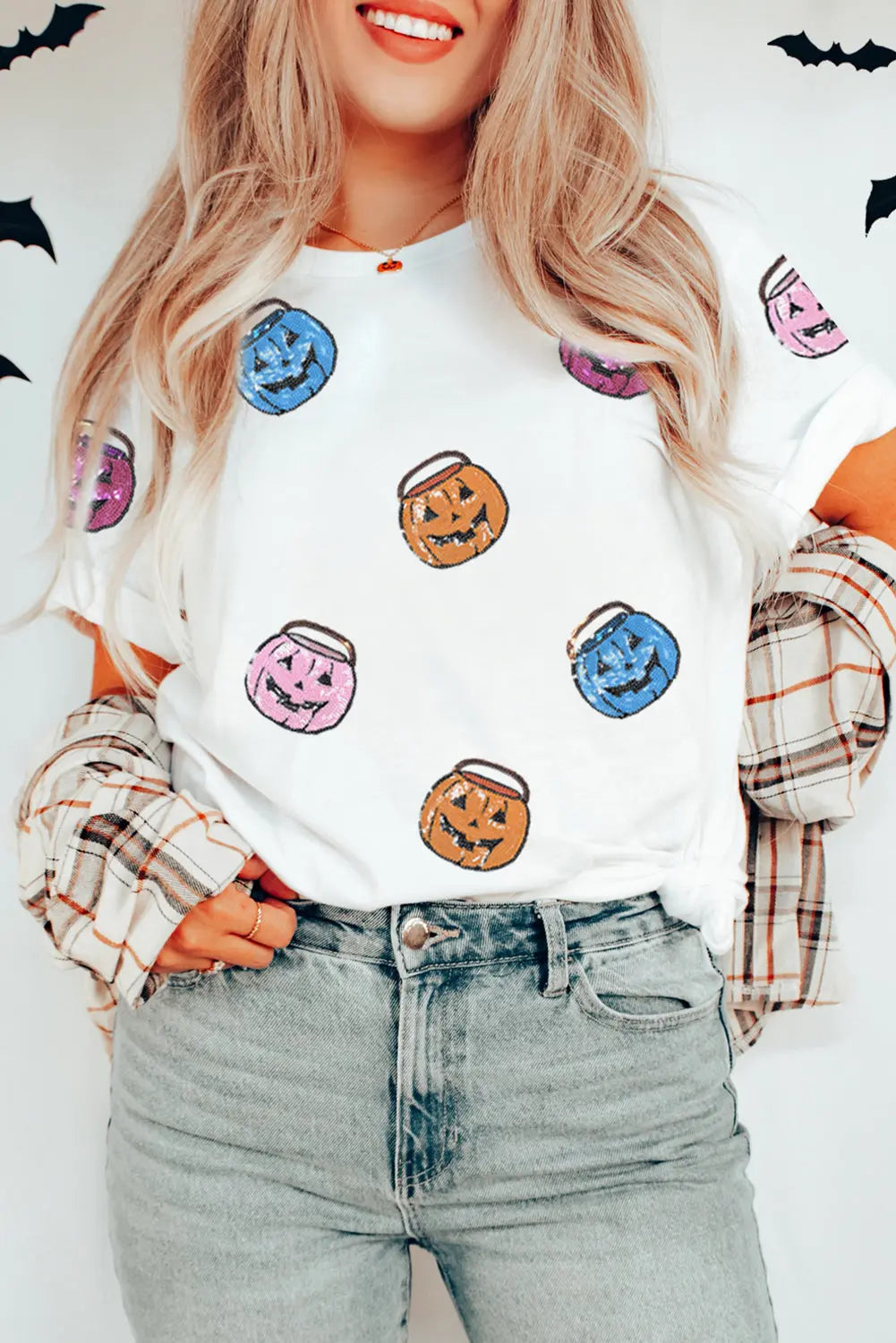 White Sequin Pumpkin Face Patched Crew Neck Holiday T Shirt Dear-Lover Dropshipping