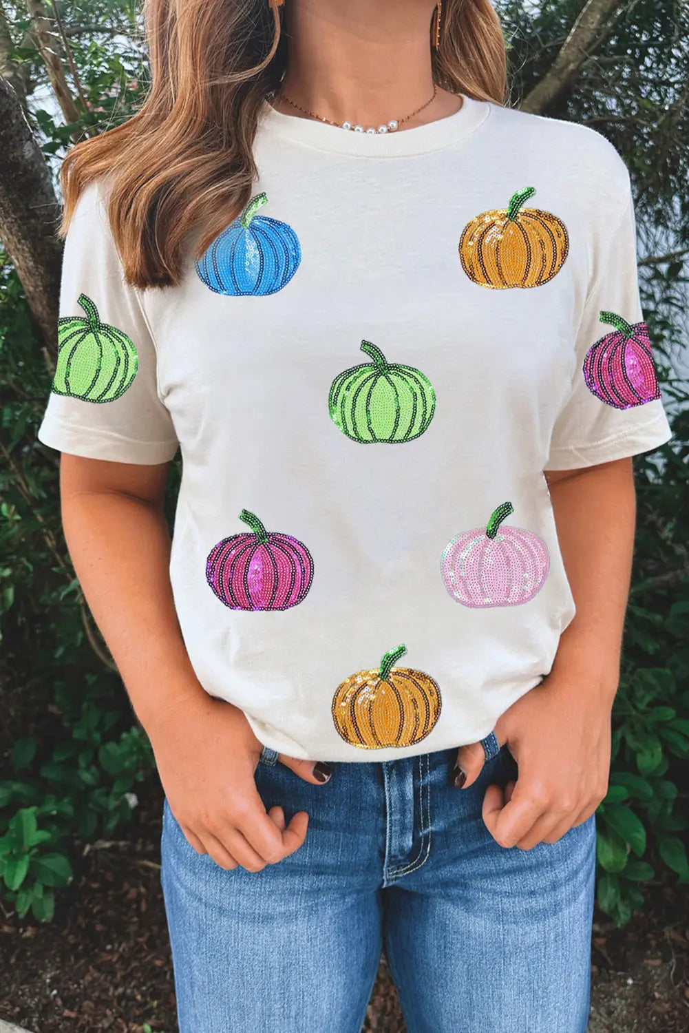 White Sequin Pumpkin Patched Cotton Blend T Shirt Dear-Lover Dropshipping