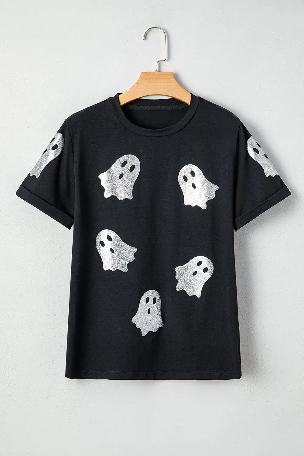 Black Glitter Ghost Pattern Crew Neck Halloween T Shirt Dear-Lover Dropshipping