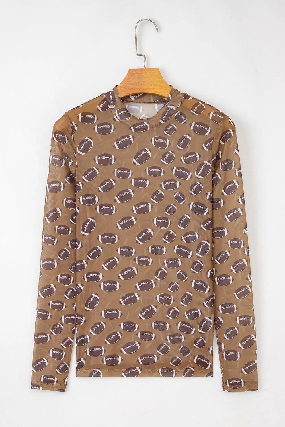 Brown Game Day Rugby Mesh Sheer Long Sleeve Top