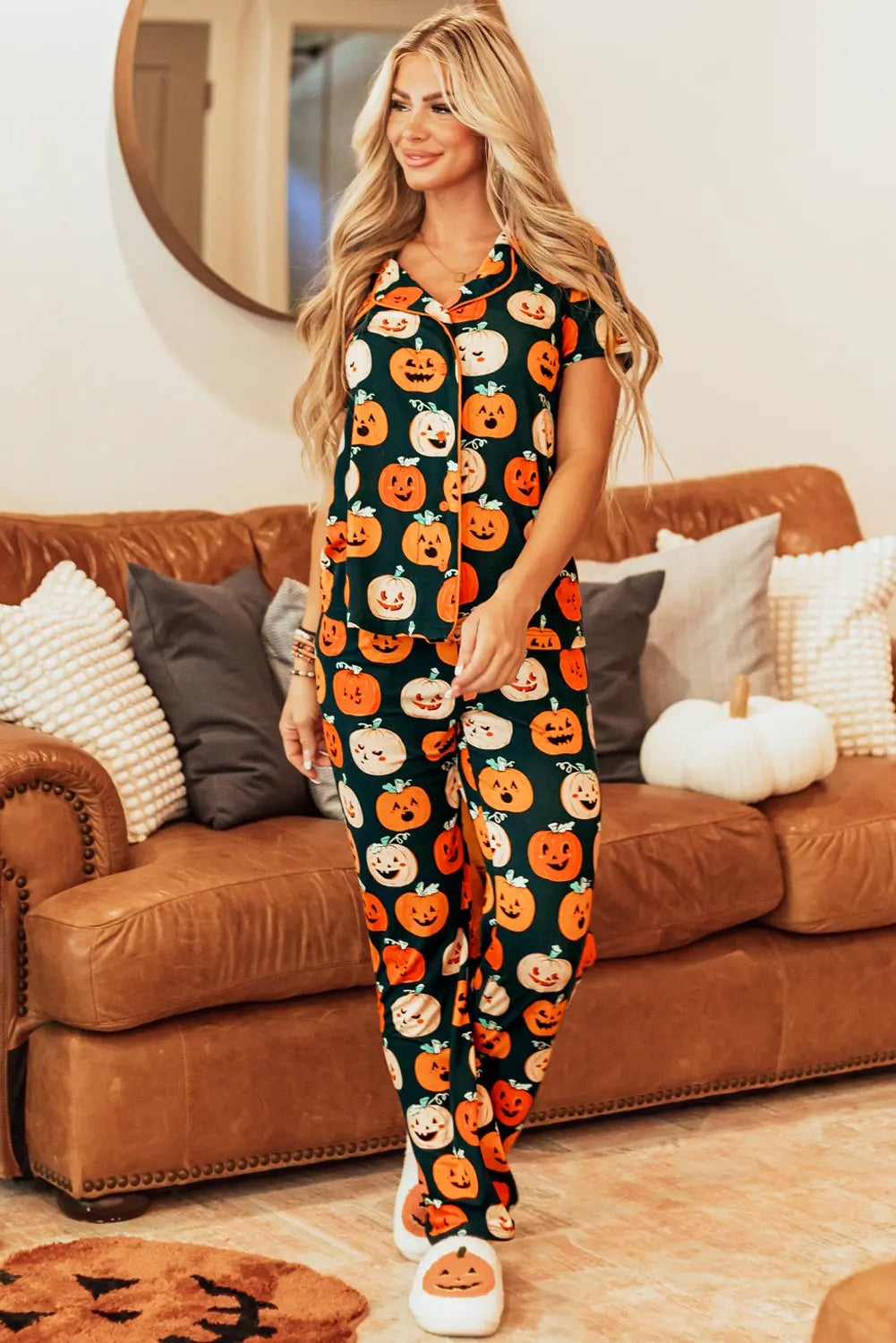 Orange Halloween Pattern Short Sleeve Shirt Pajama Set Dear-Lover Dropshipping
