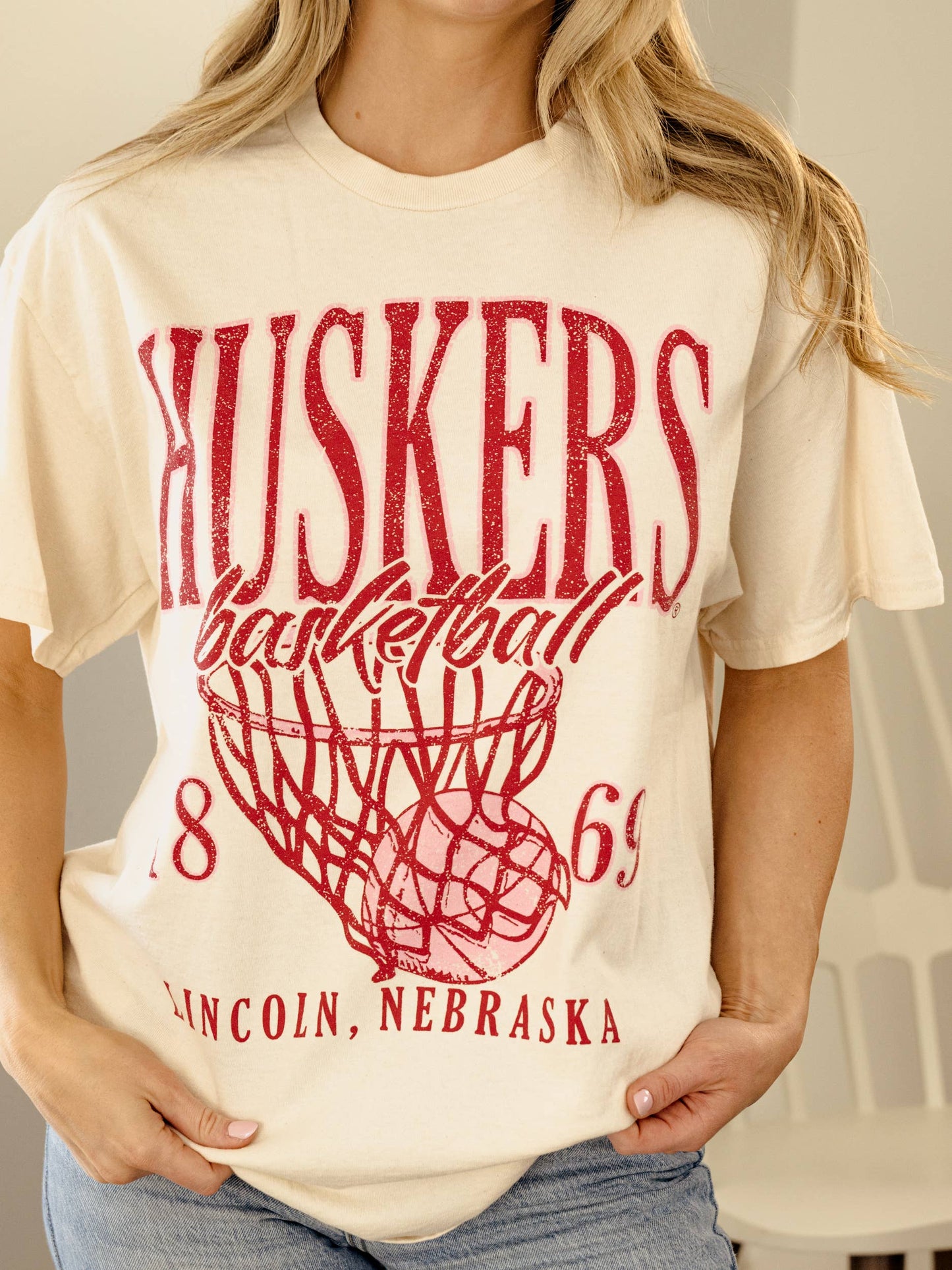 Nebraska Huskers Big Basketball Off White Thrifted Tee