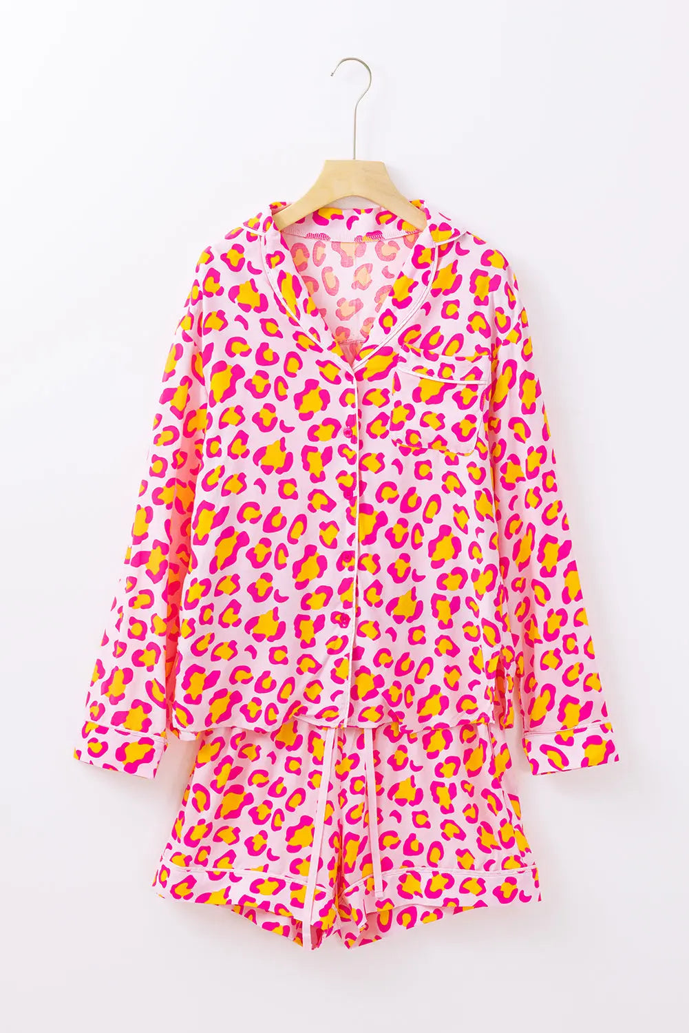 Pink Leopard Print Long Sleeve Shirt and Shorts Pajama Set Dear-Lover Dropshipping