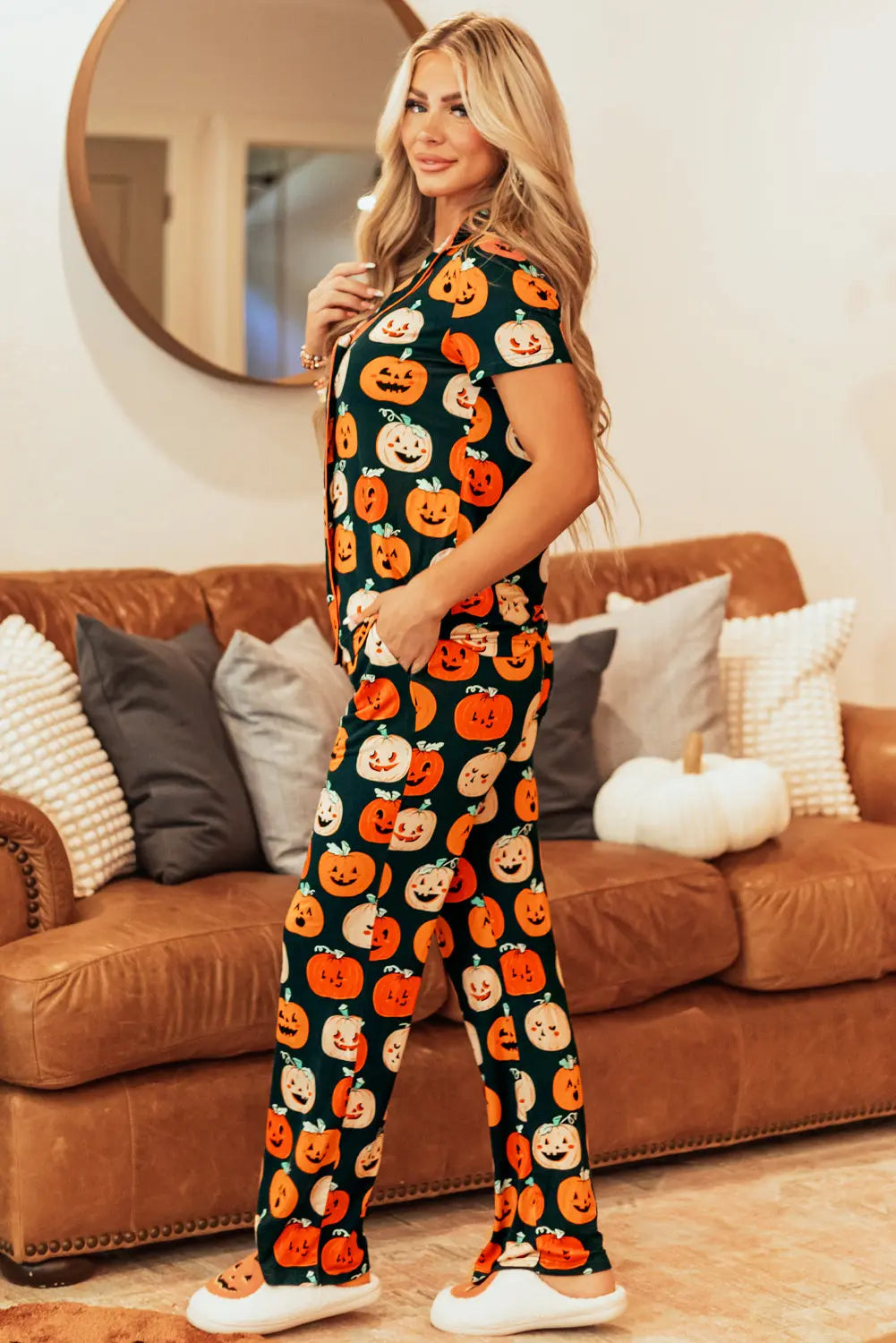 Orange Halloween Pattern Short Sleeve Shirt Pajama Set Dear-Lover Dropshipping