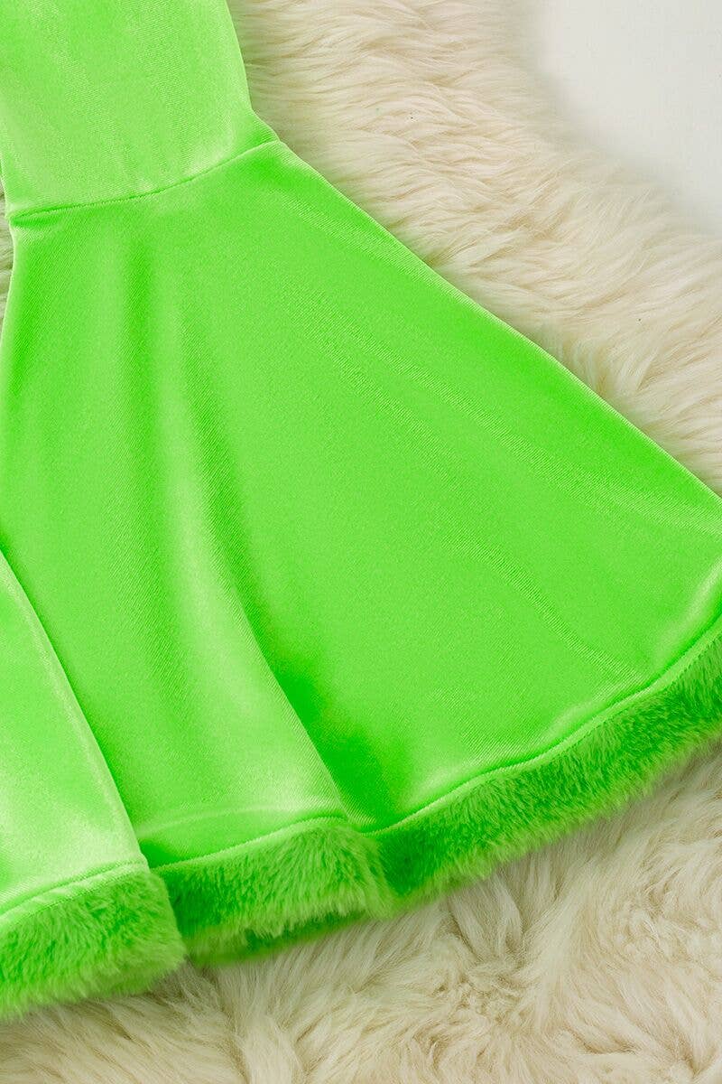 Cute velvety bell bottoms with fur trim.