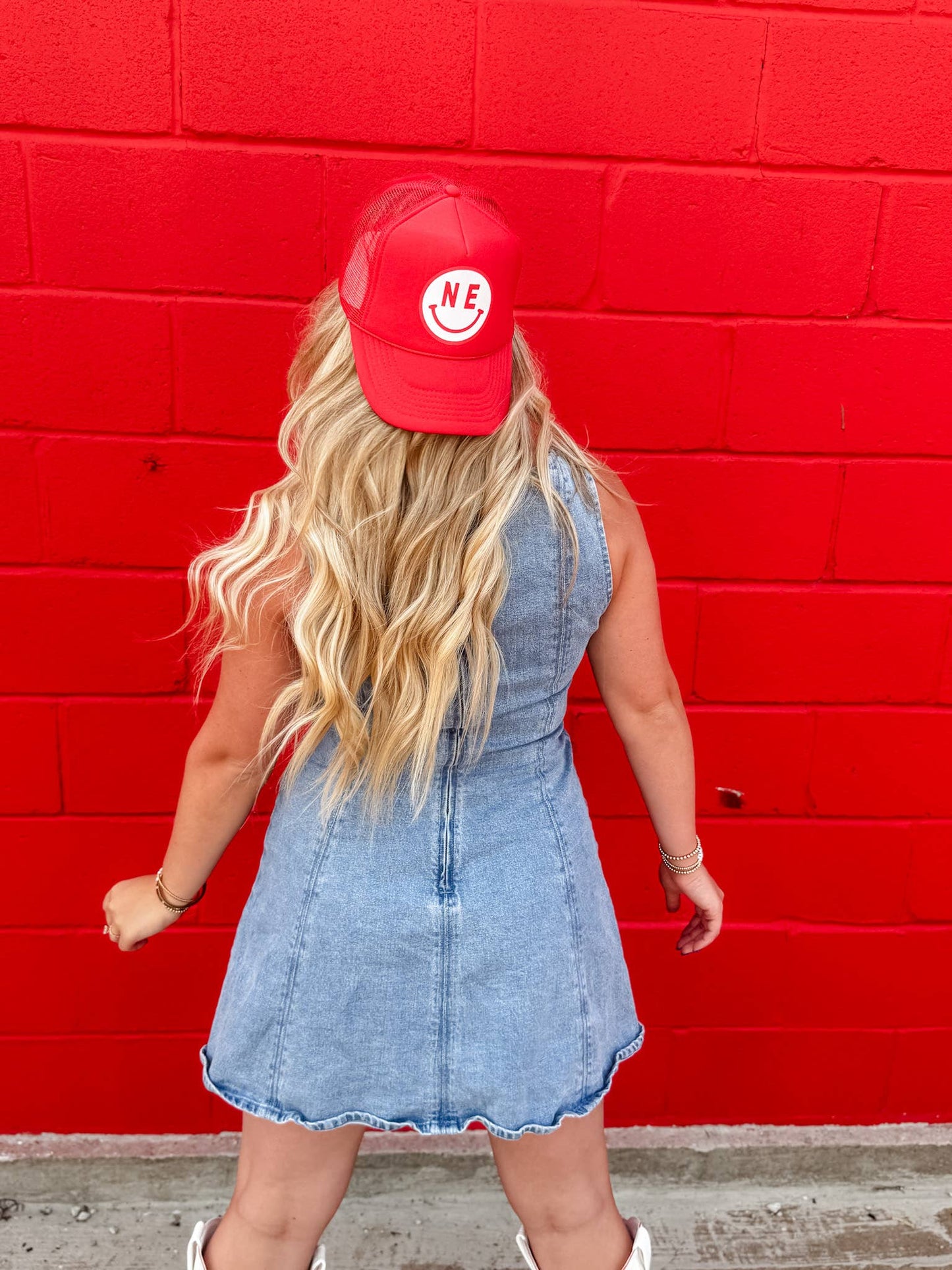 Red NE Smiley Trucker Hat