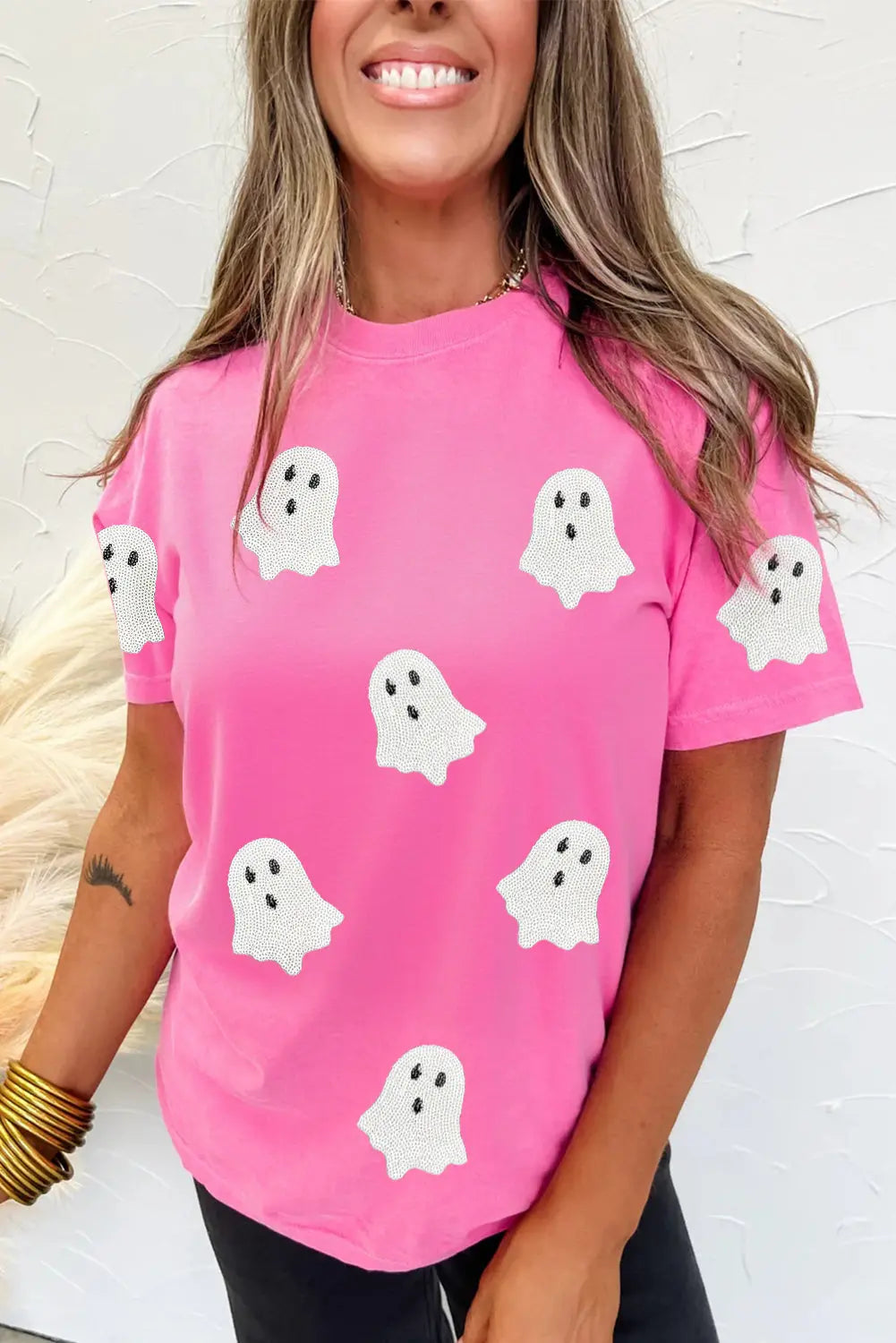 Sachet Pink Sequin Halloween Ghost Patched Casual T Shirt Dear-Lover Dropshipping