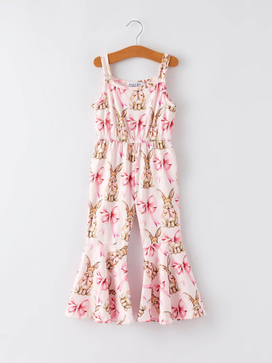 Pink Easter Bunny Bow Print Girls Sling Flared Jumpsuit