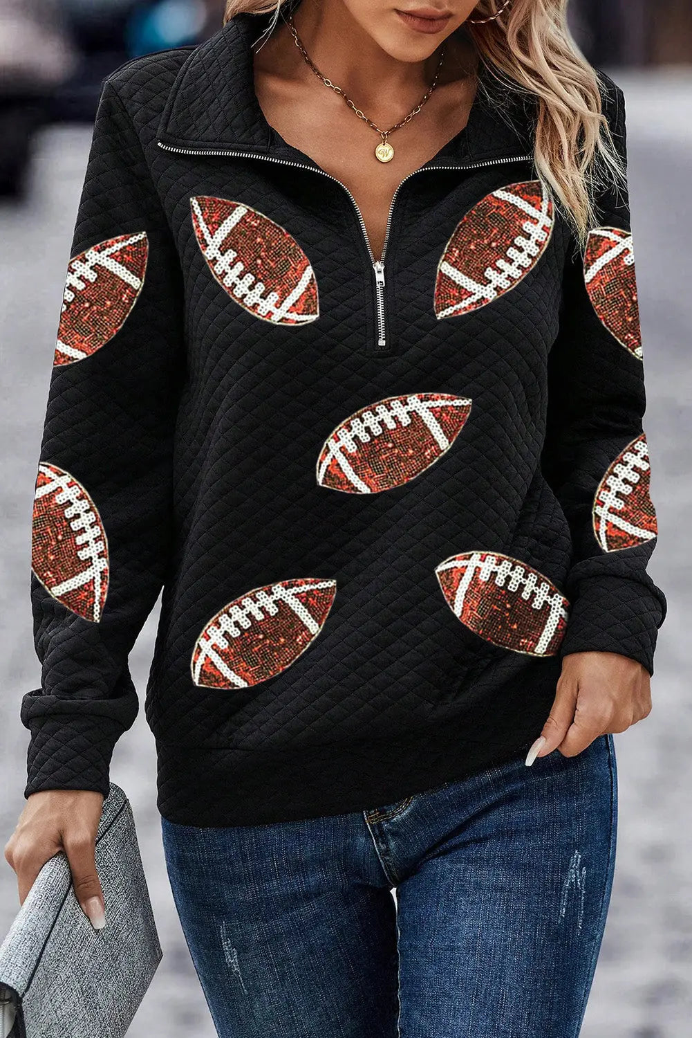 Black Sequin Rugby Football Patched Quarter Zip Textured Sweatshirt Dear-Lover Dropshipping