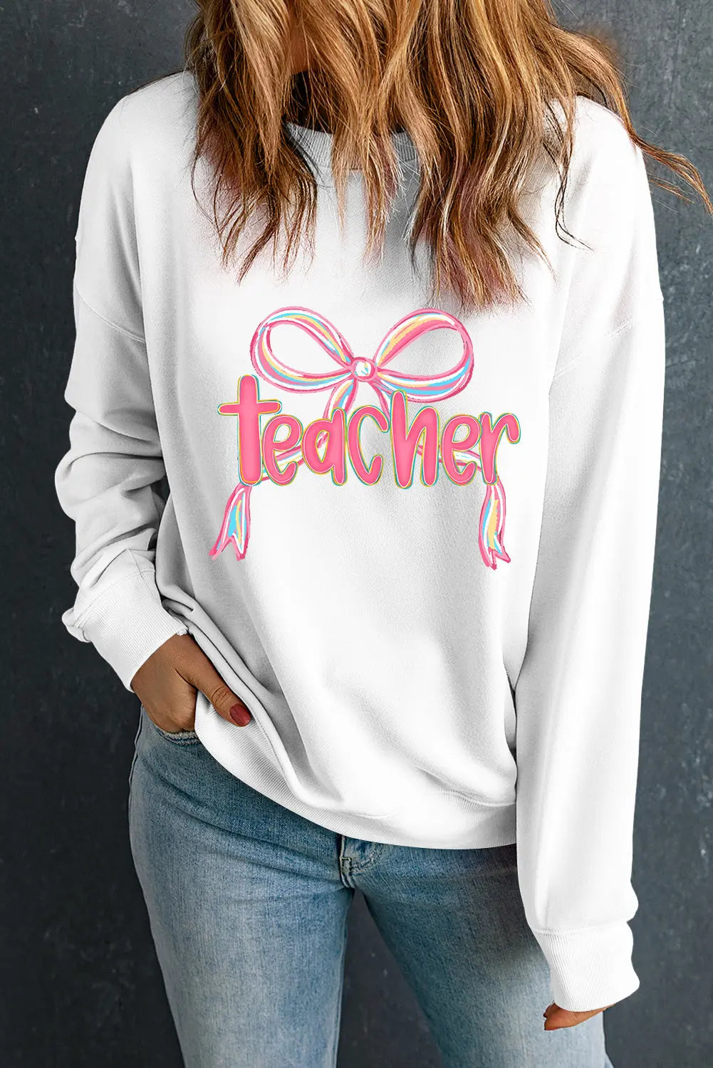 White Teacher Bow PNG Graphic Pullover Sweatshirt Dear-Lover Dropshipping