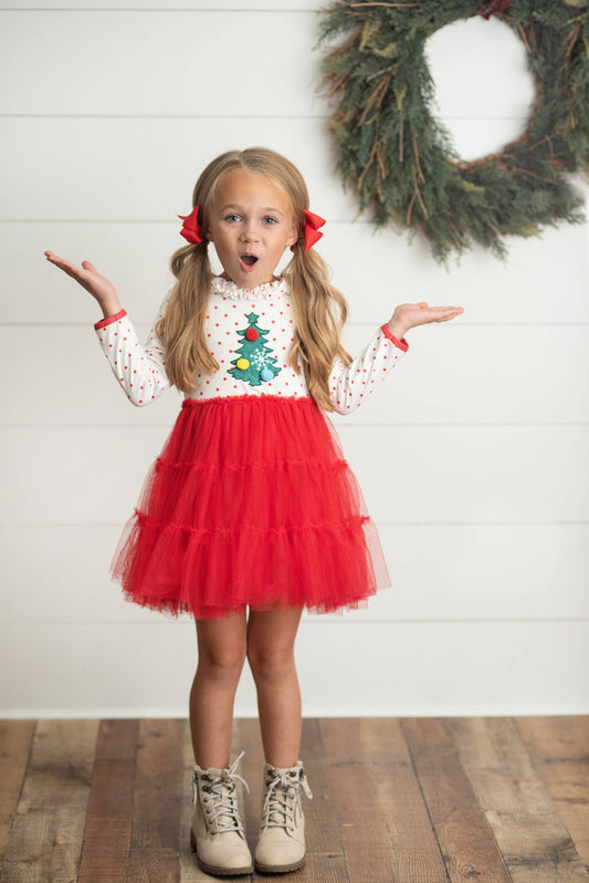 Kids Red & White Dot Pom Pom Christmas Tree Tulle Dress
