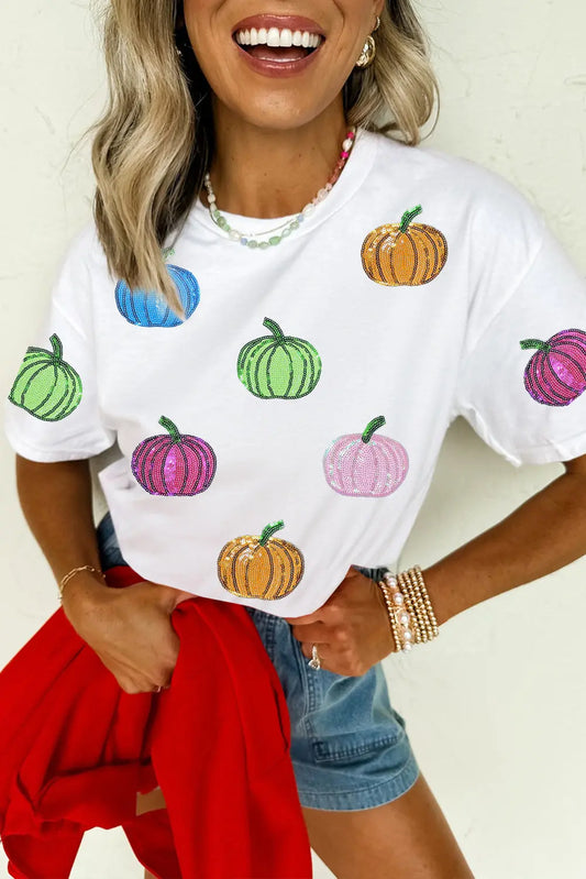 White Sequin Pumpkin Patched Cotton Blend T Shirt Dear-Lover Dropshipping