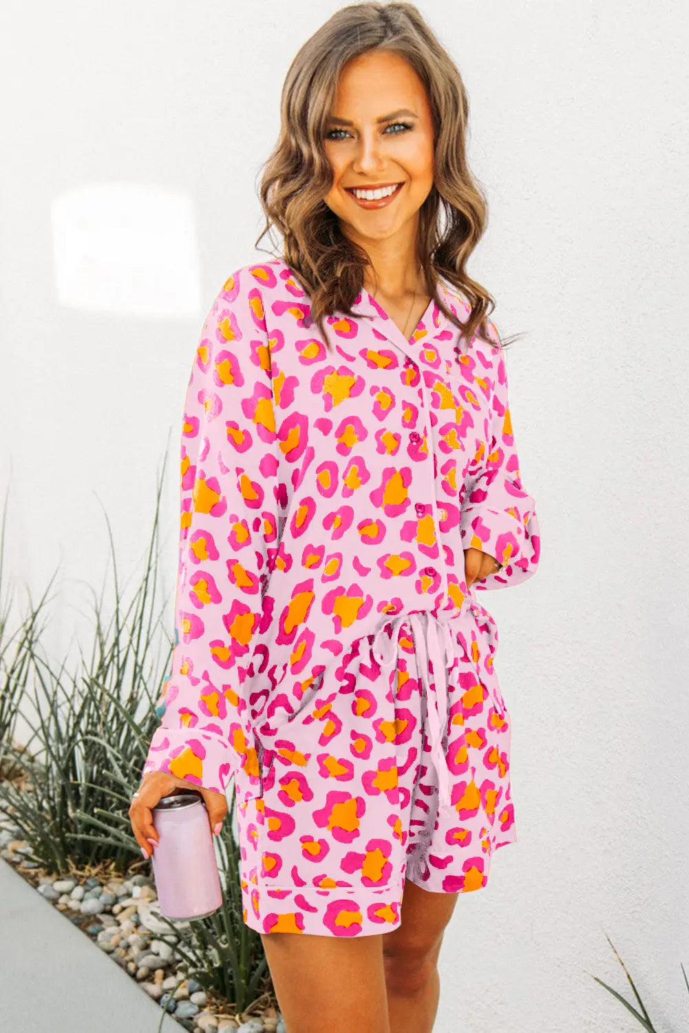 Pink Leopard Print Long Sleeve Shirt and Shorts Pajama Set Dear-Lover Dropshipping