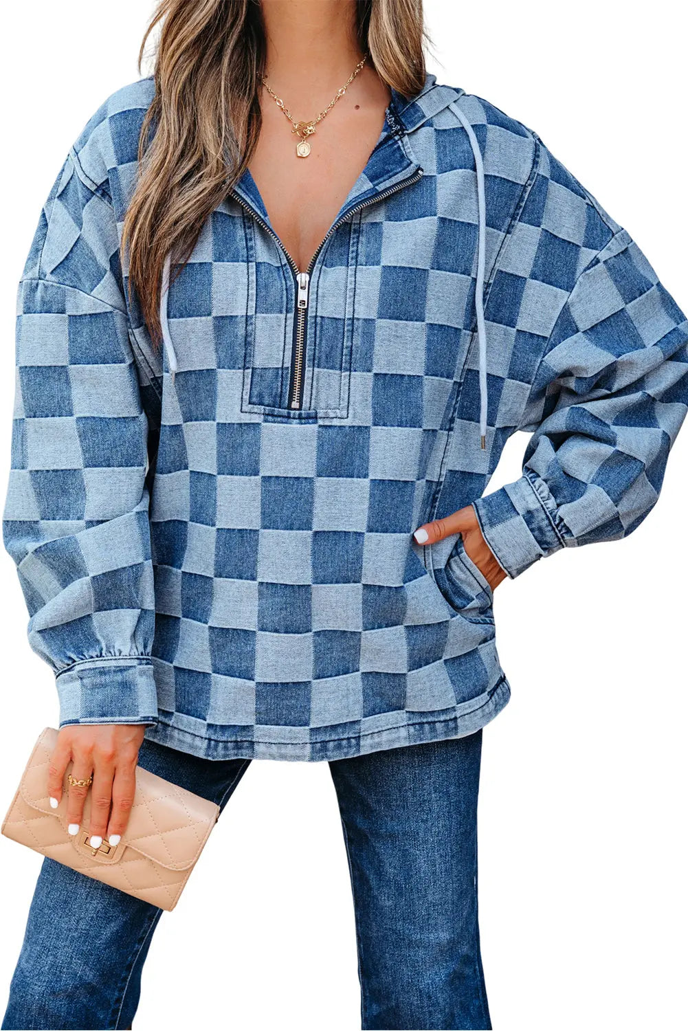 Sky Blue Checkerboard Zipped Neck Kangaroo Pocket Denim Hoodie Dear-Lover Dropshipping