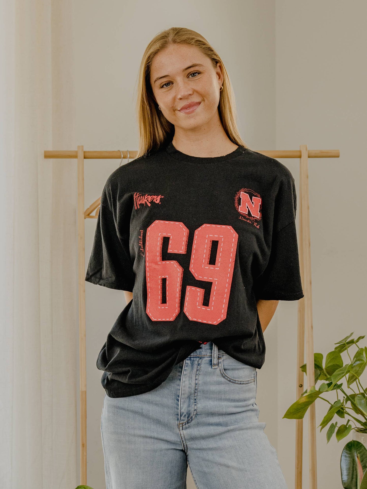 Nebraska Corn Huskers Crest Stamp Black Thrifted Tee