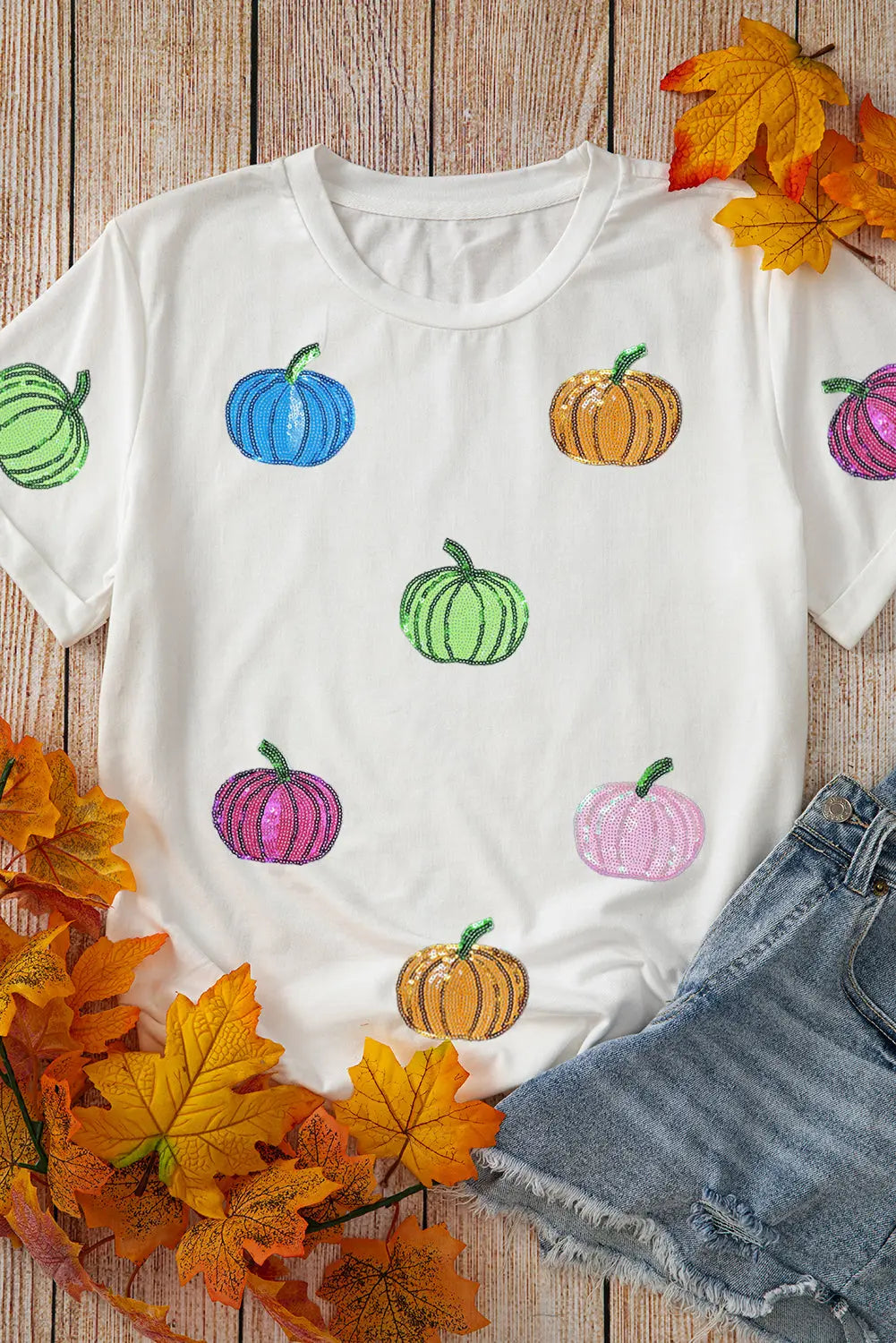 White Sequin Pumpkin Patched Cotton Blend T Shirt Dear-Lover Dropshipping