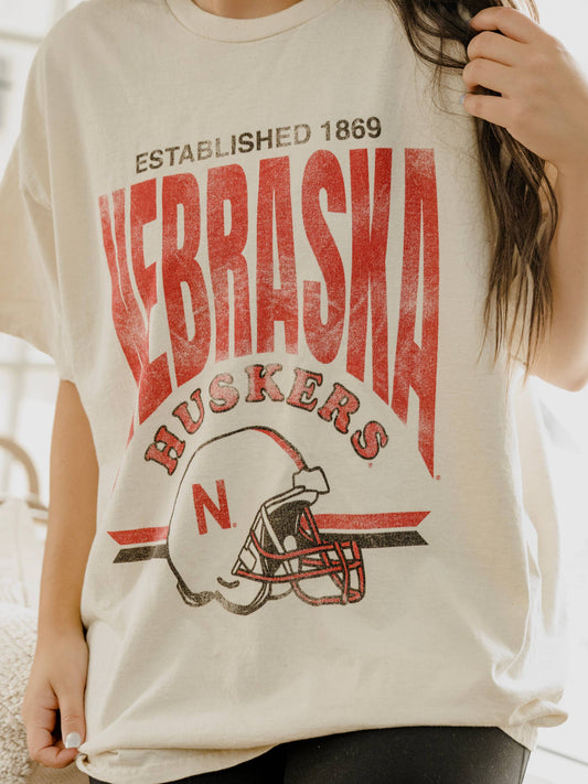 Nebraska Established Date Helmet Off White Thrifted Tee *WILL SHIP 2ND WEEK OF AUGUST*