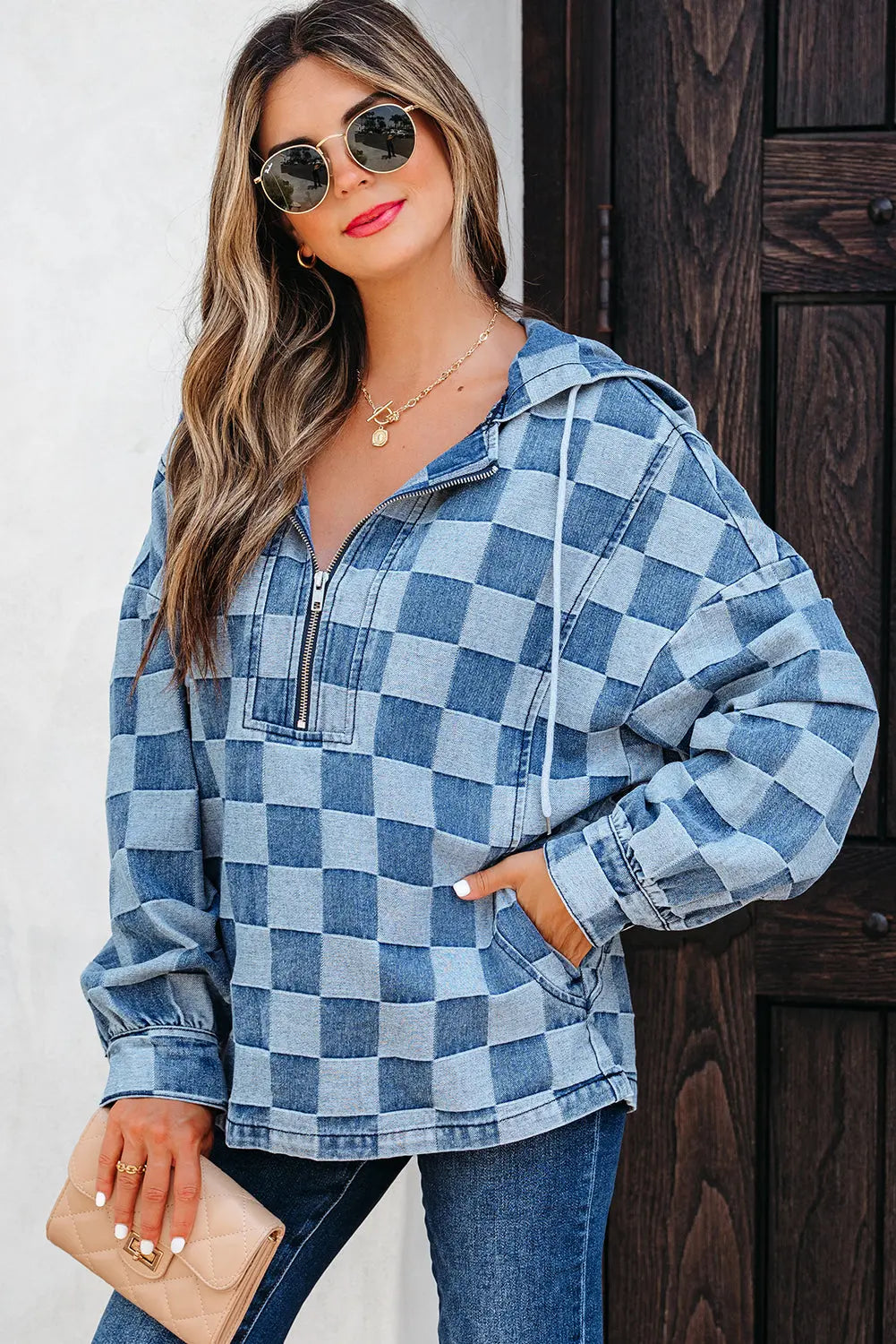 Sky Blue Checkerboard Zipped Neck Kangaroo Pocket Denim Hoodie Dear-Lover Dropshipping