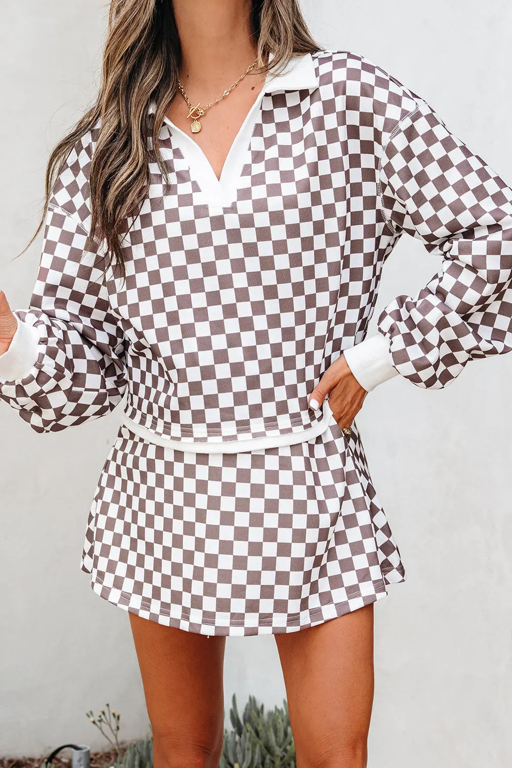 Khaki Checkered Print Polo Collar Cropped Long Sleeve Top Drawstring Mini Skirt Set Dear-Lover Dropshipping