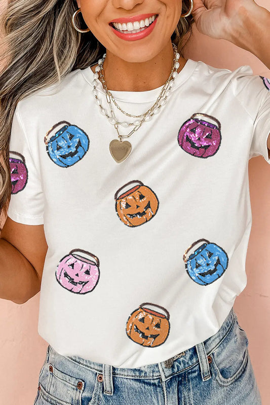 White Sequin Pumpkin Face Patched Crew Neck Holiday T Shirt Dear-Lover Dropshipping