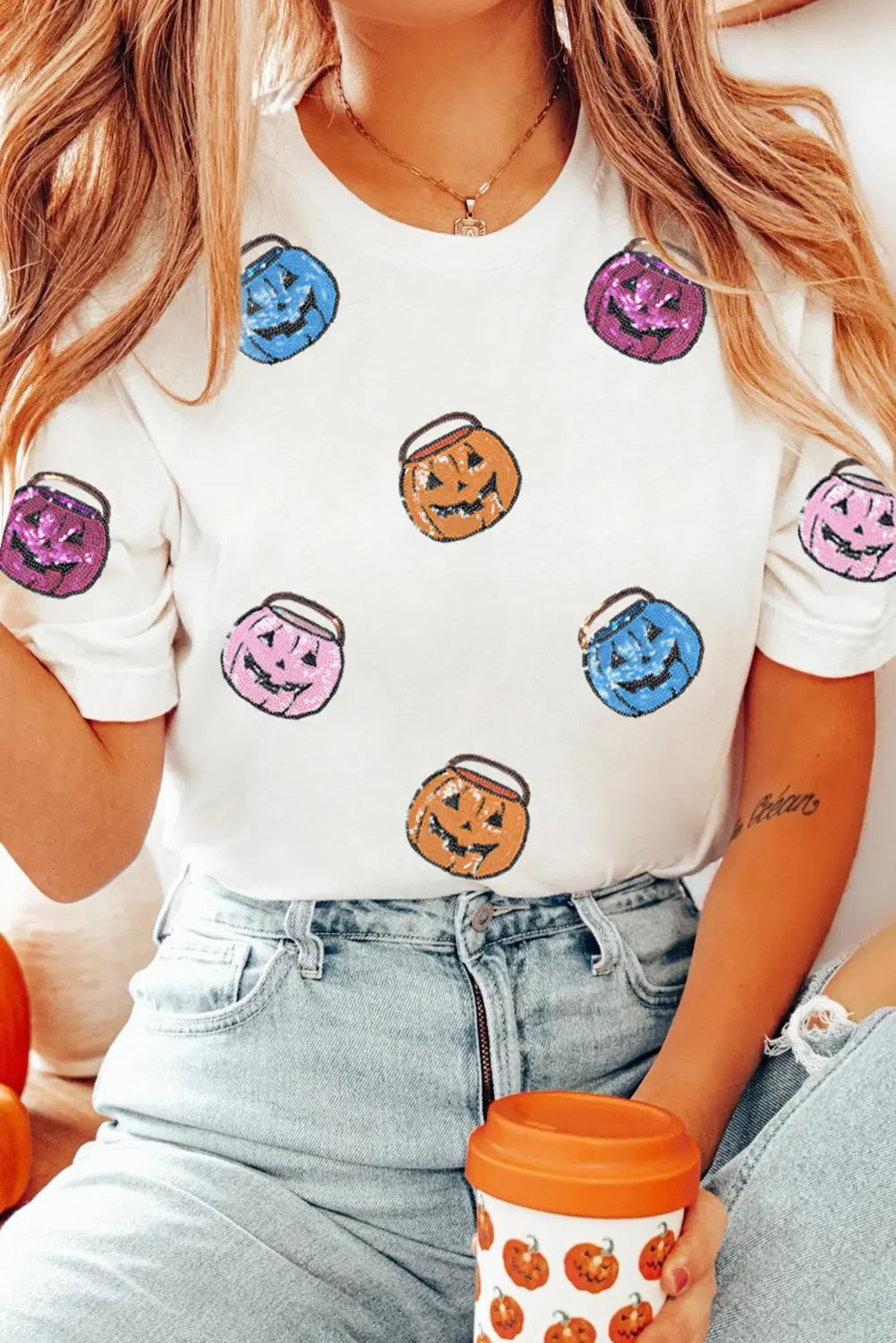 White Sequin Pumpkin Face Patched Crew Neck Holiday T Shirt Dear-Lover Dropshipping