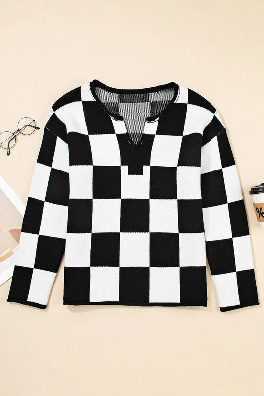 Black Checked Notched Neckline Drop Shoulder Knit Sweater Dear-Lover Dropshipping