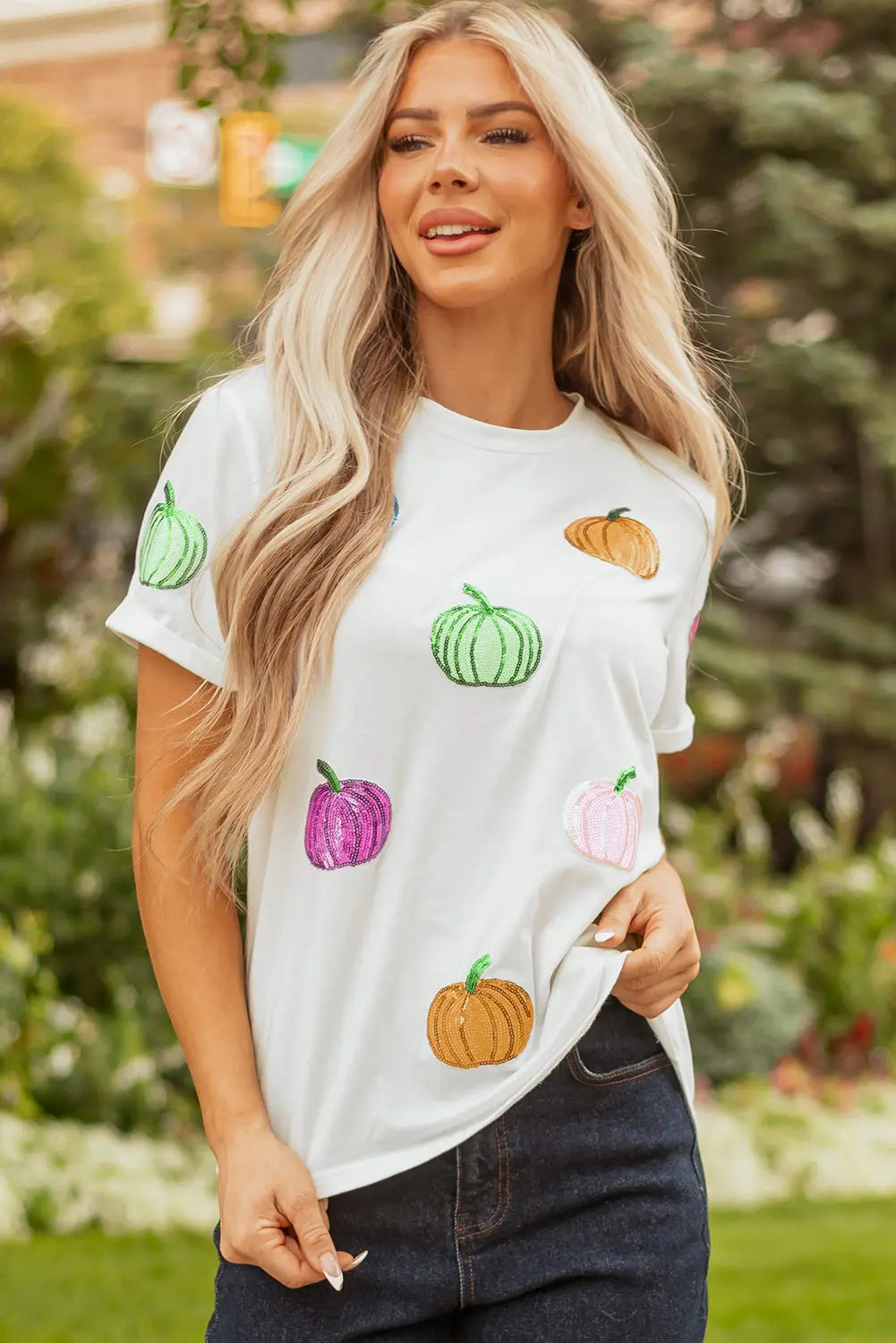 White Sequin Pumpkin Patched Cotton Blend T Shirt Dear-Lover Dropshipping