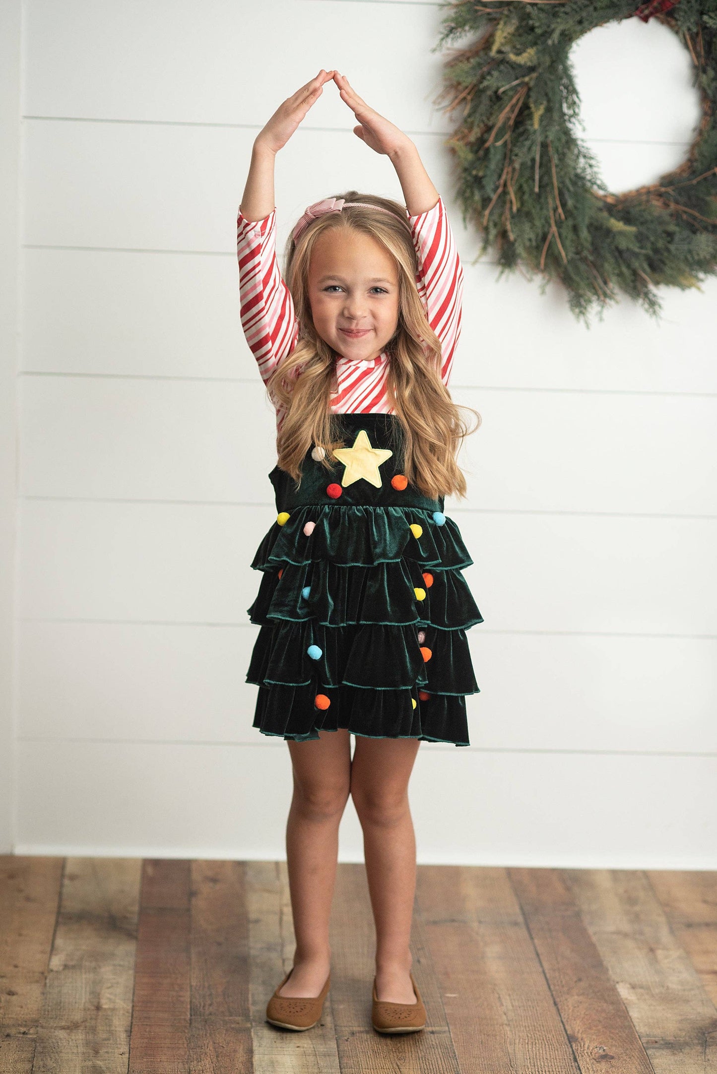 Kids Candy Cane & Velvet Christmas Tree Holiday Dress Set