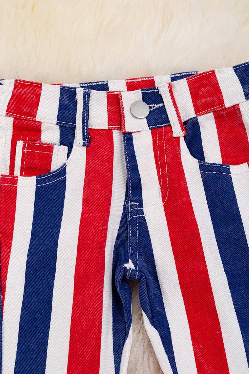 Navy blue, red & white stripe bootcut denim pants. *SHIPS AROUND MAY 11TH*