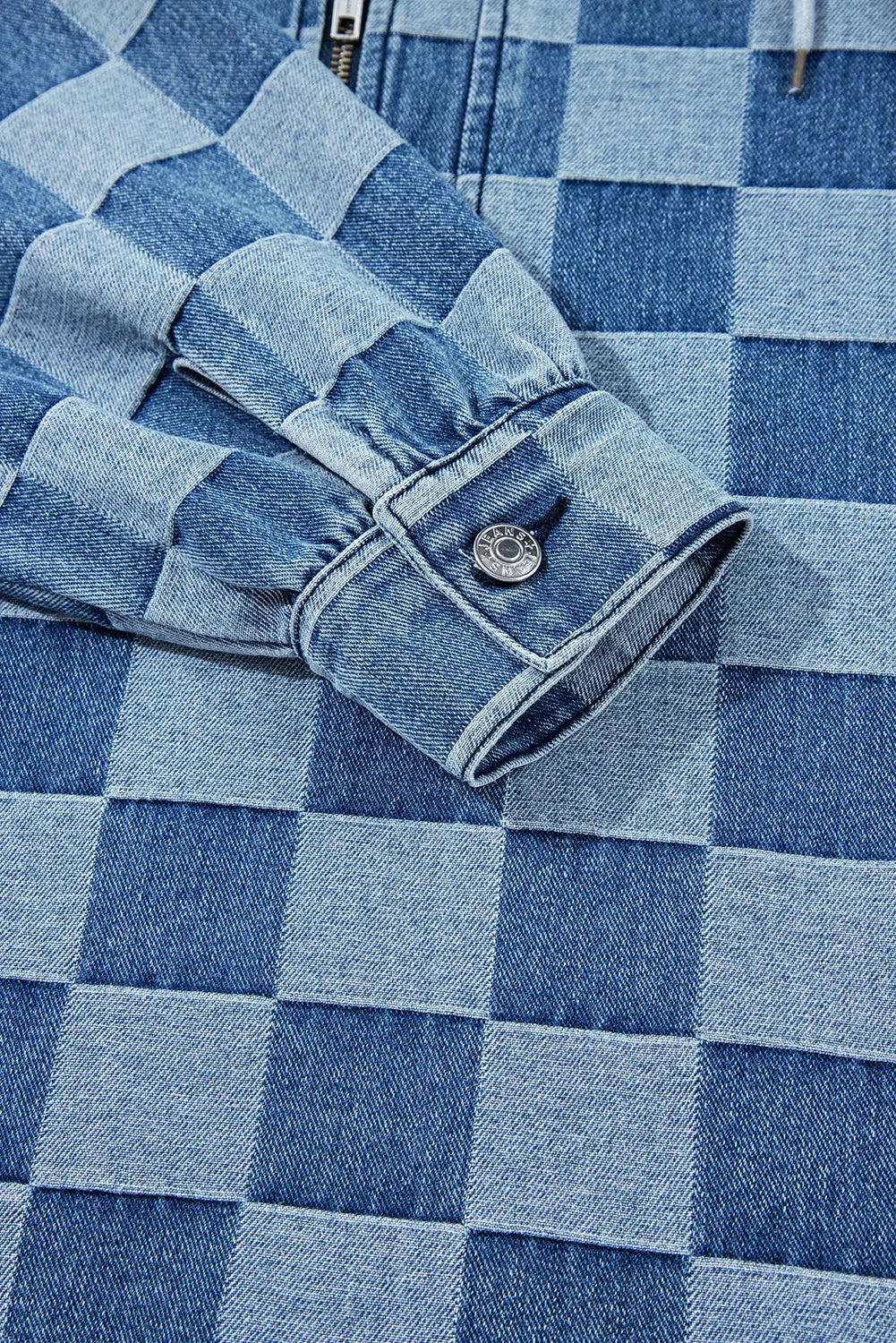 Sky Blue Checkerboard Zipped Neck Kangaroo Pocket Denim Hoodie Dear-Lover Dropshipping