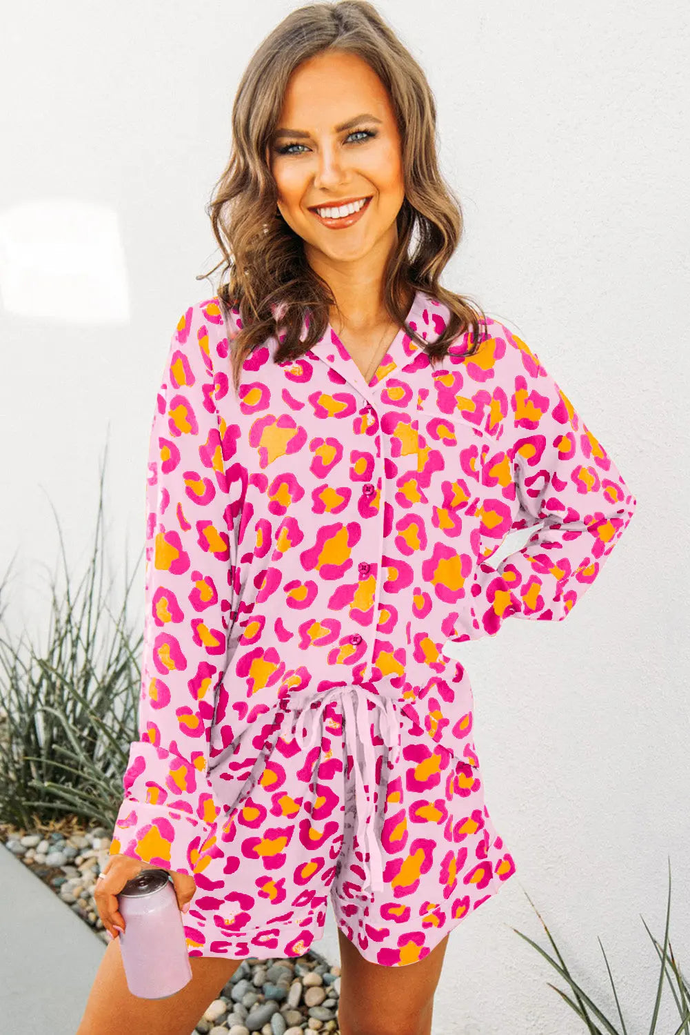 Pink Leopard Print Long Sleeve Shirt and Shorts Pajama Set Dear-Lover Dropshipping