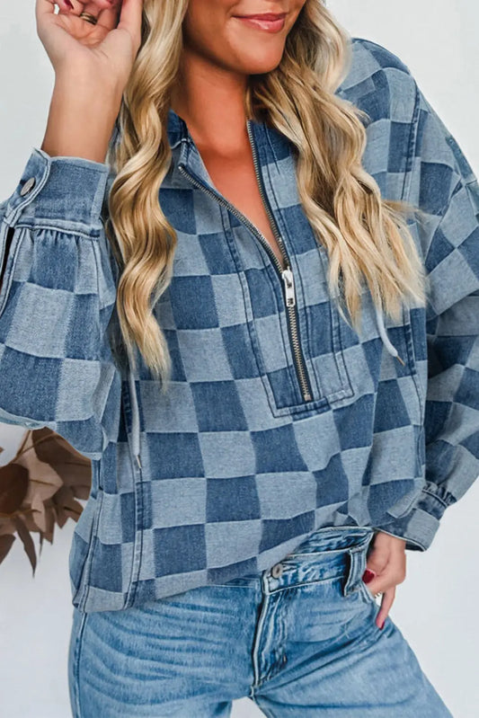 Sky Blue Checkerboard Zipped Neck Kangaroo Pocket Denim Hoodie Dear-Lover Dropshipping