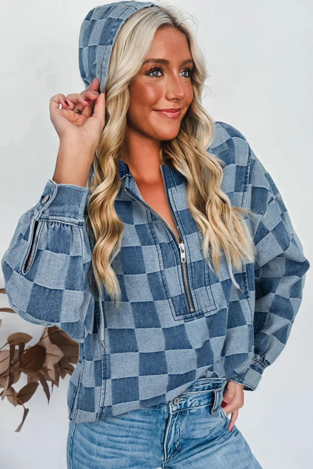 Sky Blue Checkerboard Zipped Neck Kangaroo Pocket Denim Hoodie Dear-Lover Dropshipping