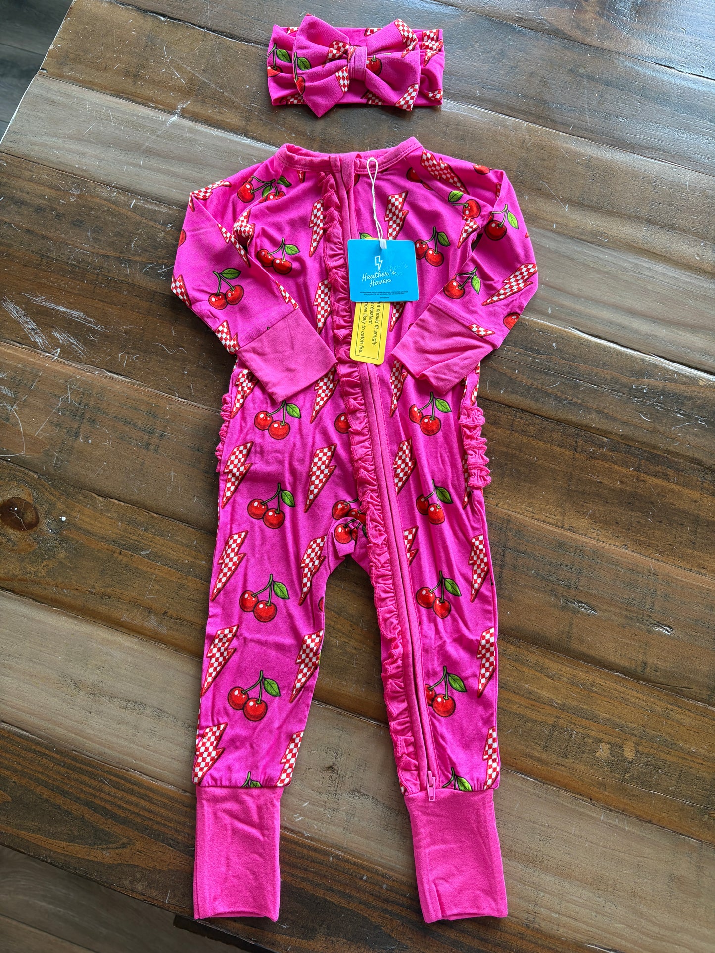 Bamboo ruffle zippy romper - Cherry Zap