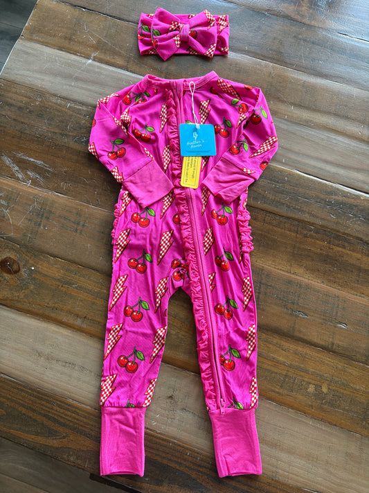 Bamboo ruffle zippy romper - Cherry Zap
