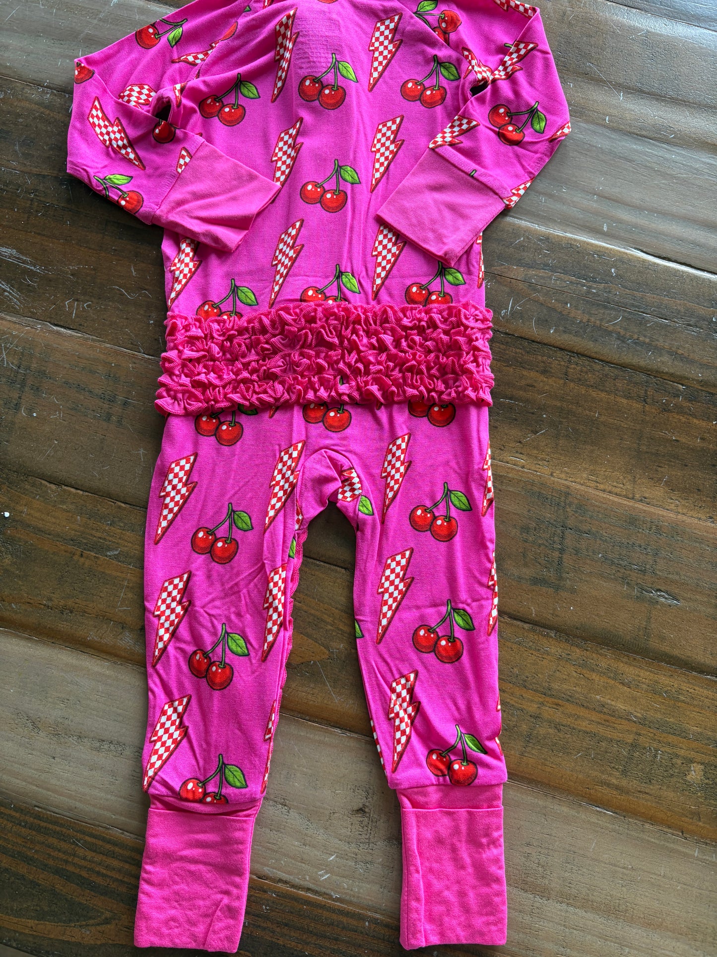 Bamboo ruffle zippy romper - Cherry Zap