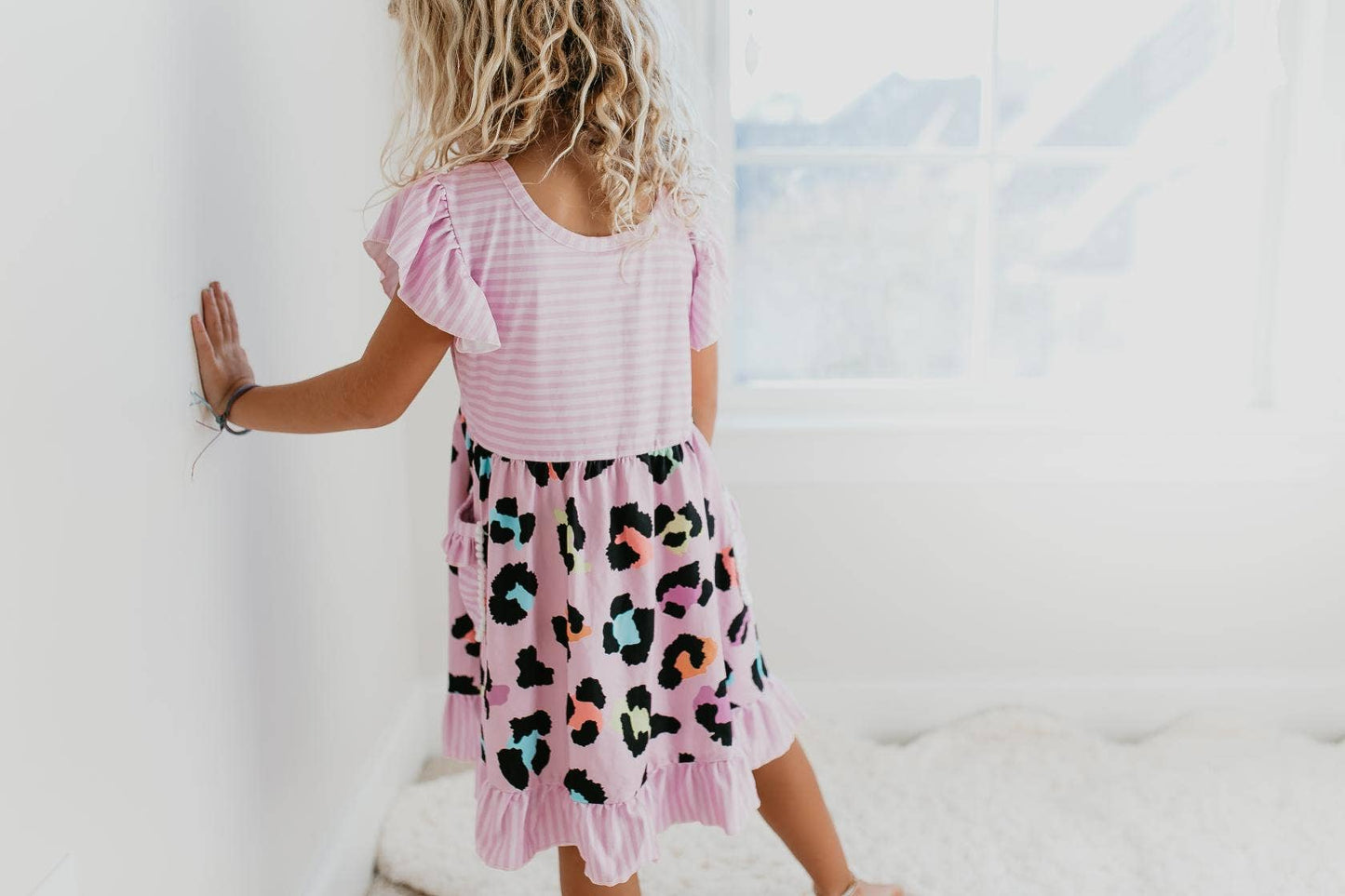 Kids Lavender Stripe & Leopard Ruffle Pocket Spring Dress